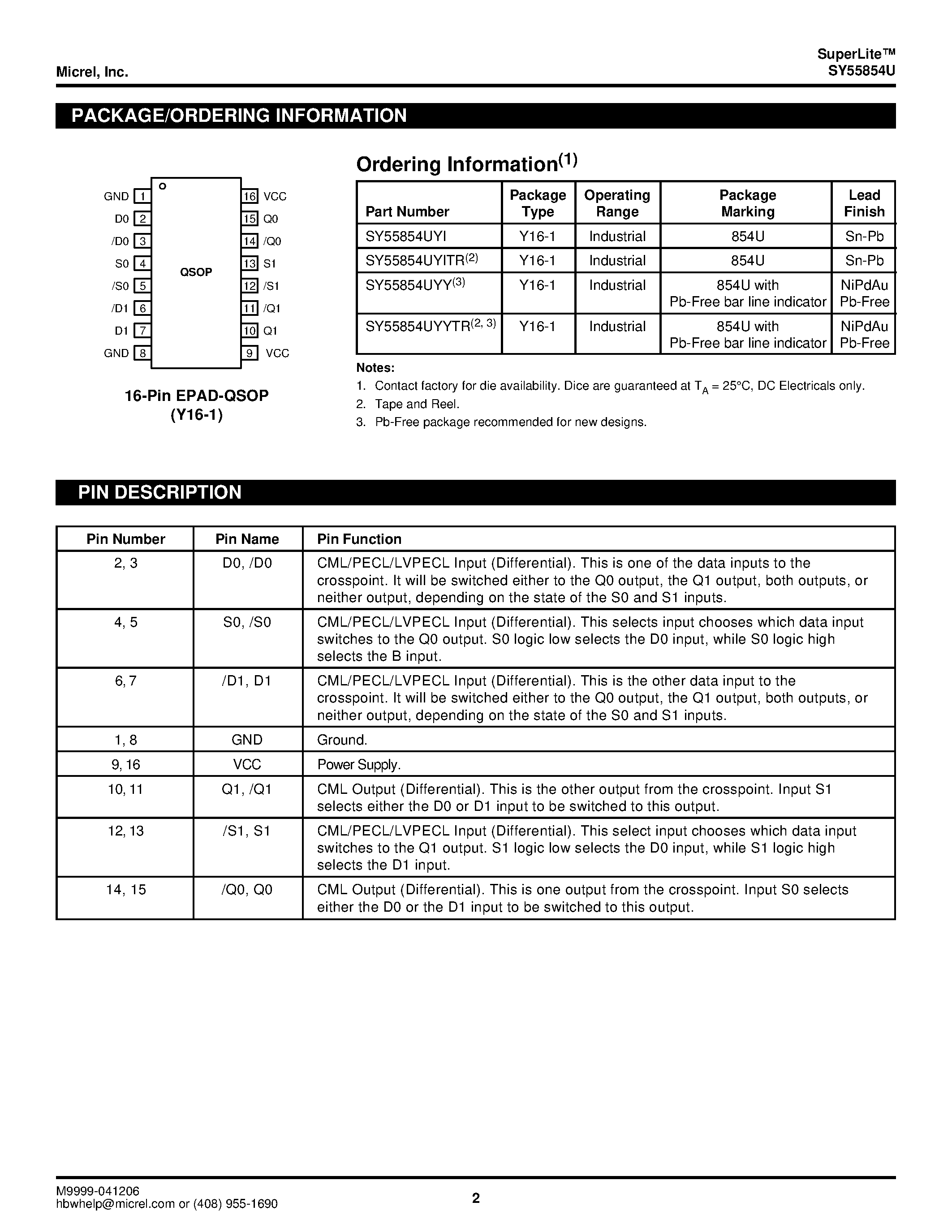 Даташит SY55854U - 2 X 2 PROTECTION CROSSPOINT SWITCH страница 2