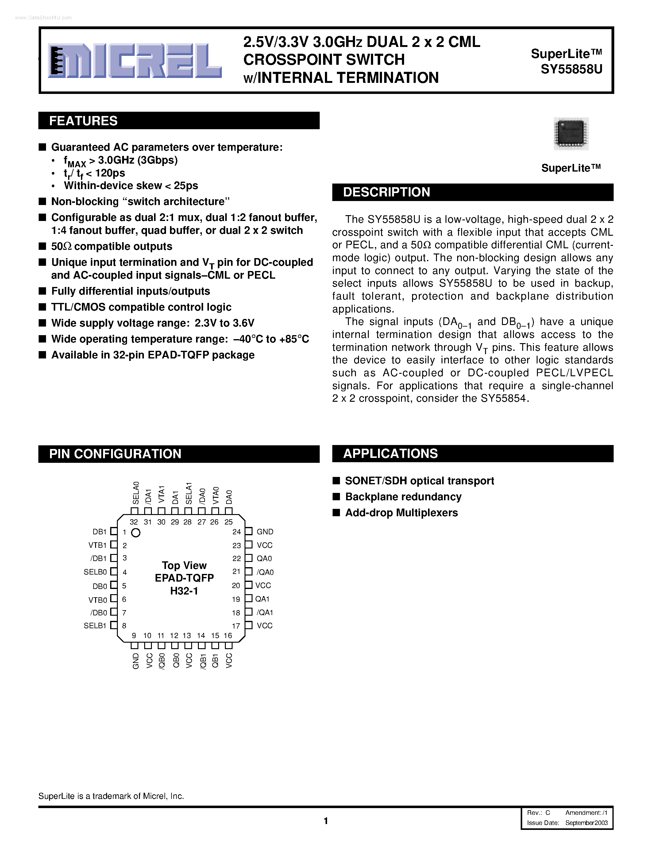 Даташит SY55858U - DUAL 2 x 2 CML CROSSPOINT SWITCH W/INTERNAL TERMINATION страница 1
