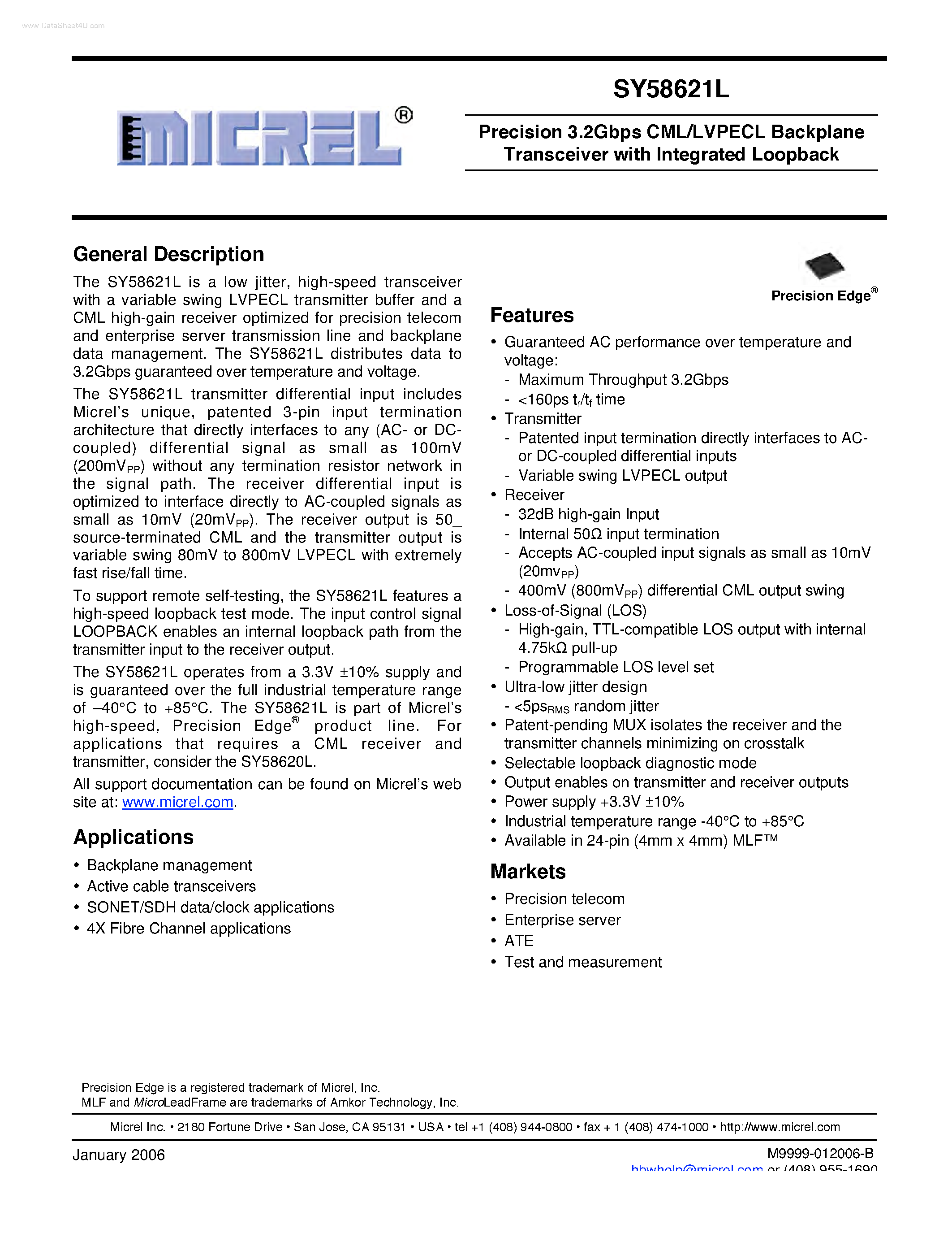 Datasheet SY58621L - Precision 3.2Gbps CML/LVPECL Backplane Transceiver page 1