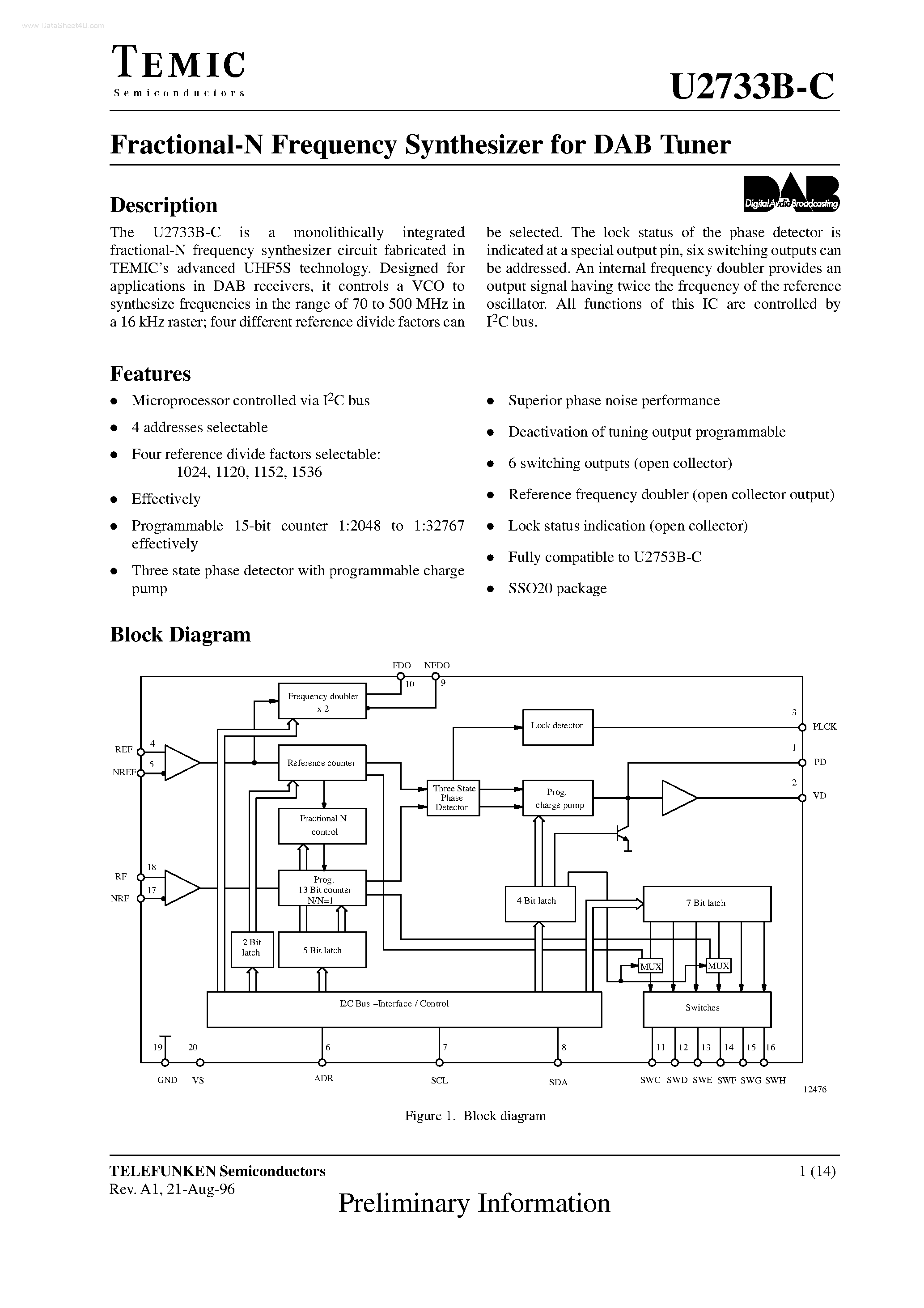 Datasheet U2733B-C page 1 Datasheet U2733B-C - Fractional-N Frequency Synthesizer page 1