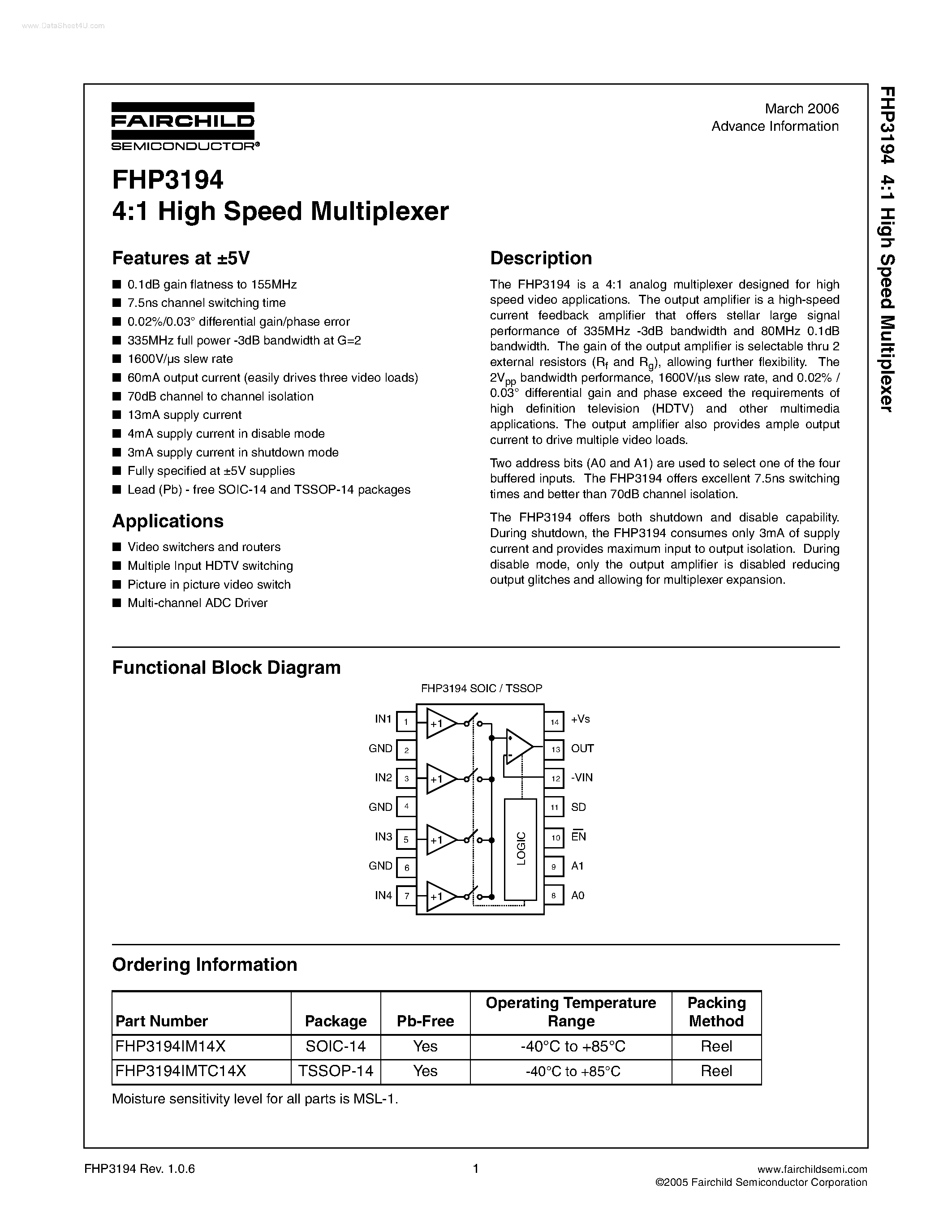 Даташит FHP3194 - 4:1 High Speed Multiplexer страница 1