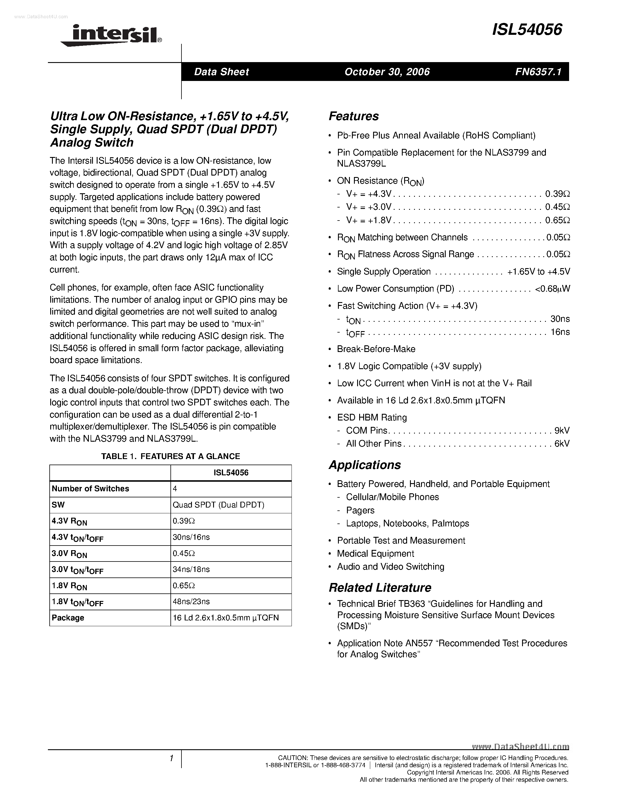Datasheet ISL54056 page 1 Datasheet ISL54056 - Ultra Low ON-Resistance Quad SPDT Analog Switch page 1