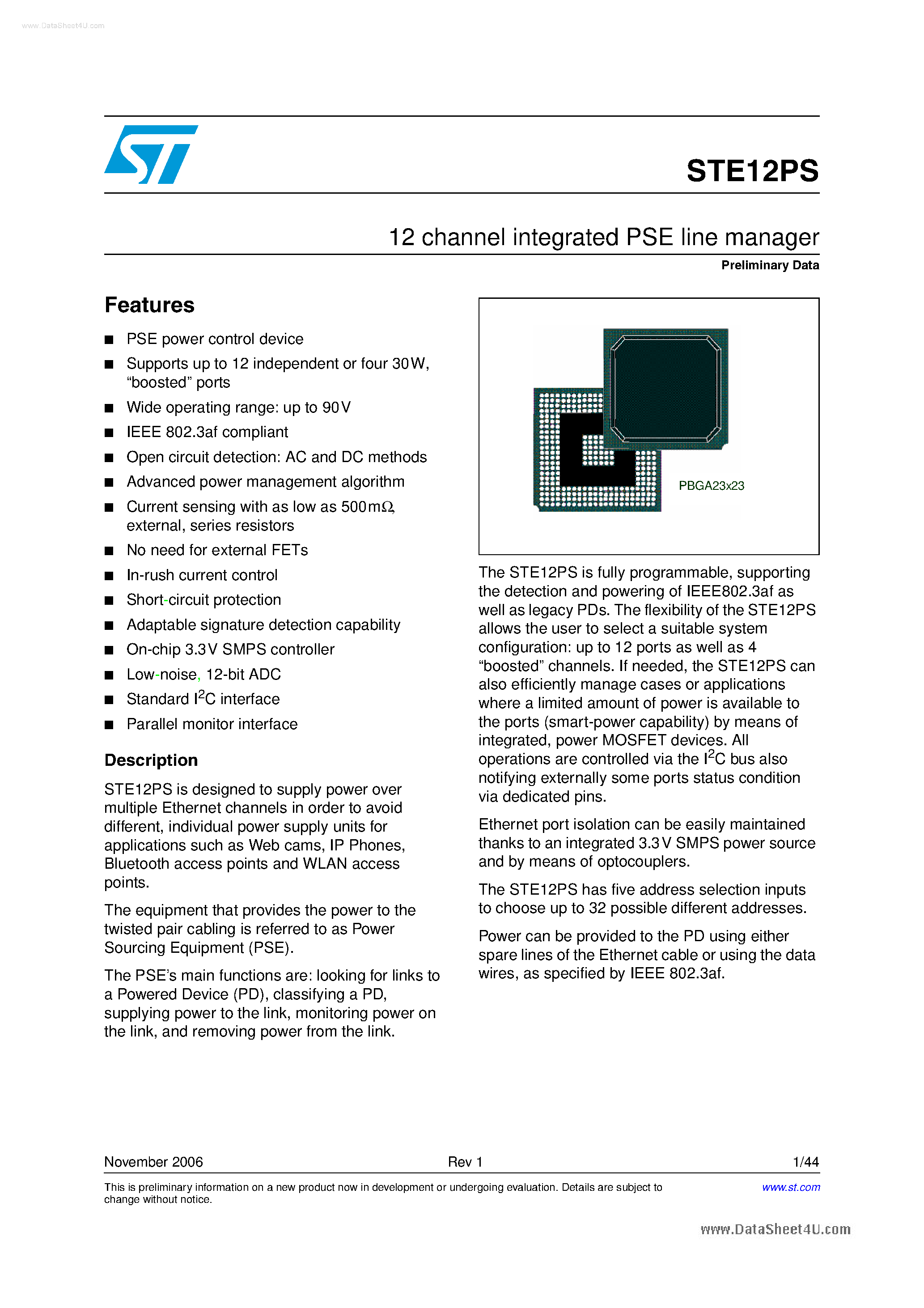 Datasheet STE12PS page 1 Datasheet STE12PS - 12-Channel Integrated PSE Line Manager page 1