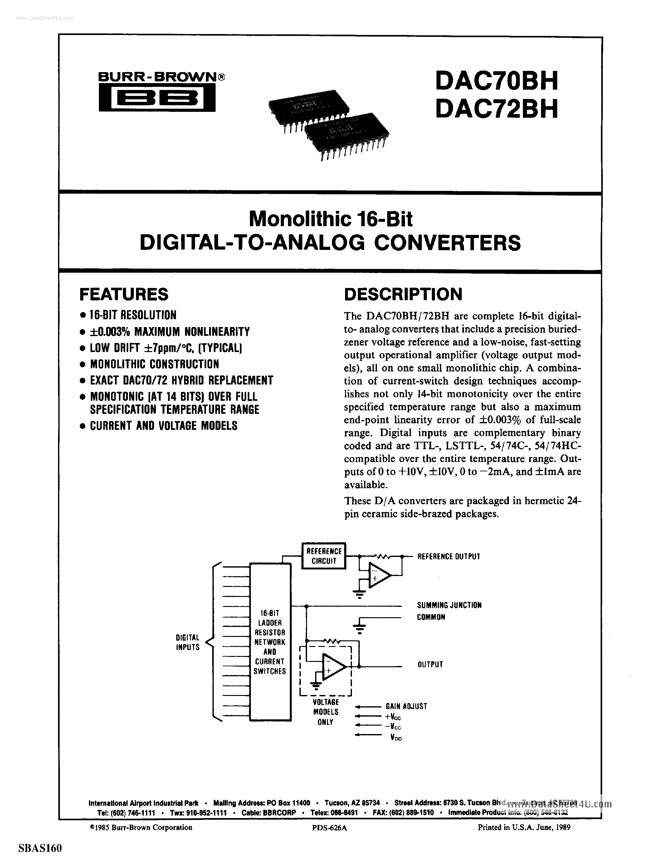 Datasheet DAC70 page 1 Datasheet DAC70 - (DAC70BH / DAC72BH) 16-Bit Digital-To-Analog Converter page 1