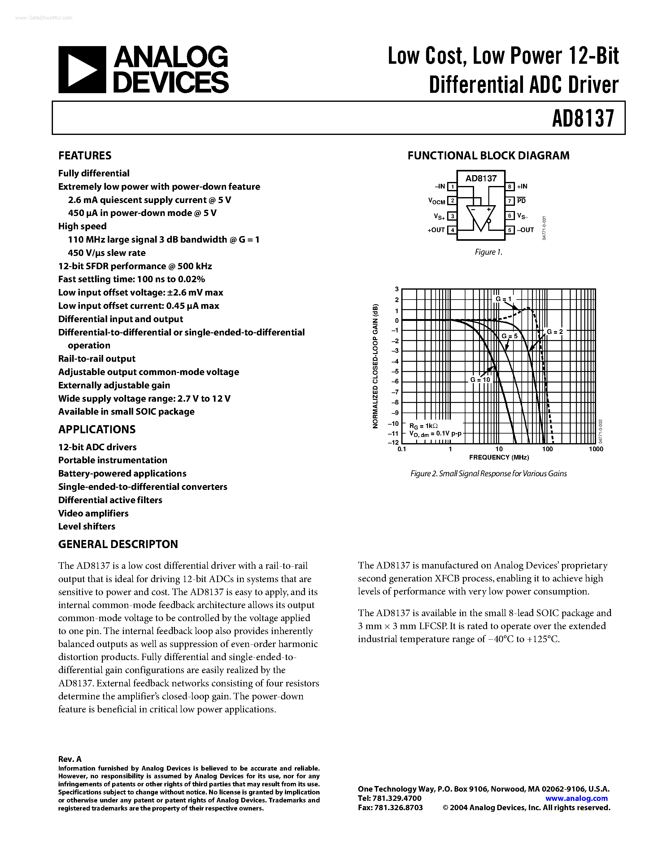 Datasheet AD8137 - Low Power 12-Bit Differential ADC Driver page 1