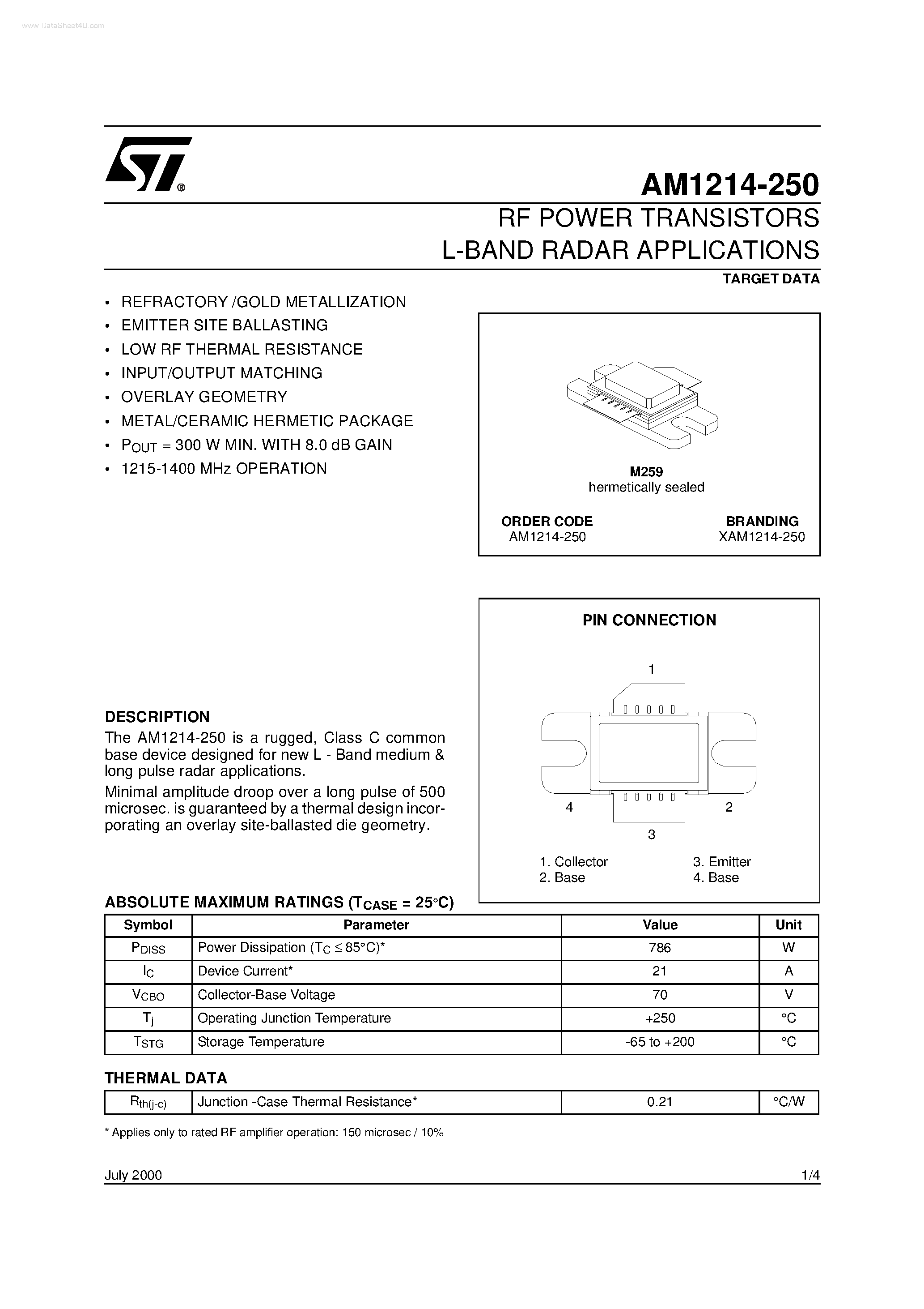 Datasheet AM1214-250 - RF POWER TRANSISTORS L-BAND RADAR APPLICATIONS page 1