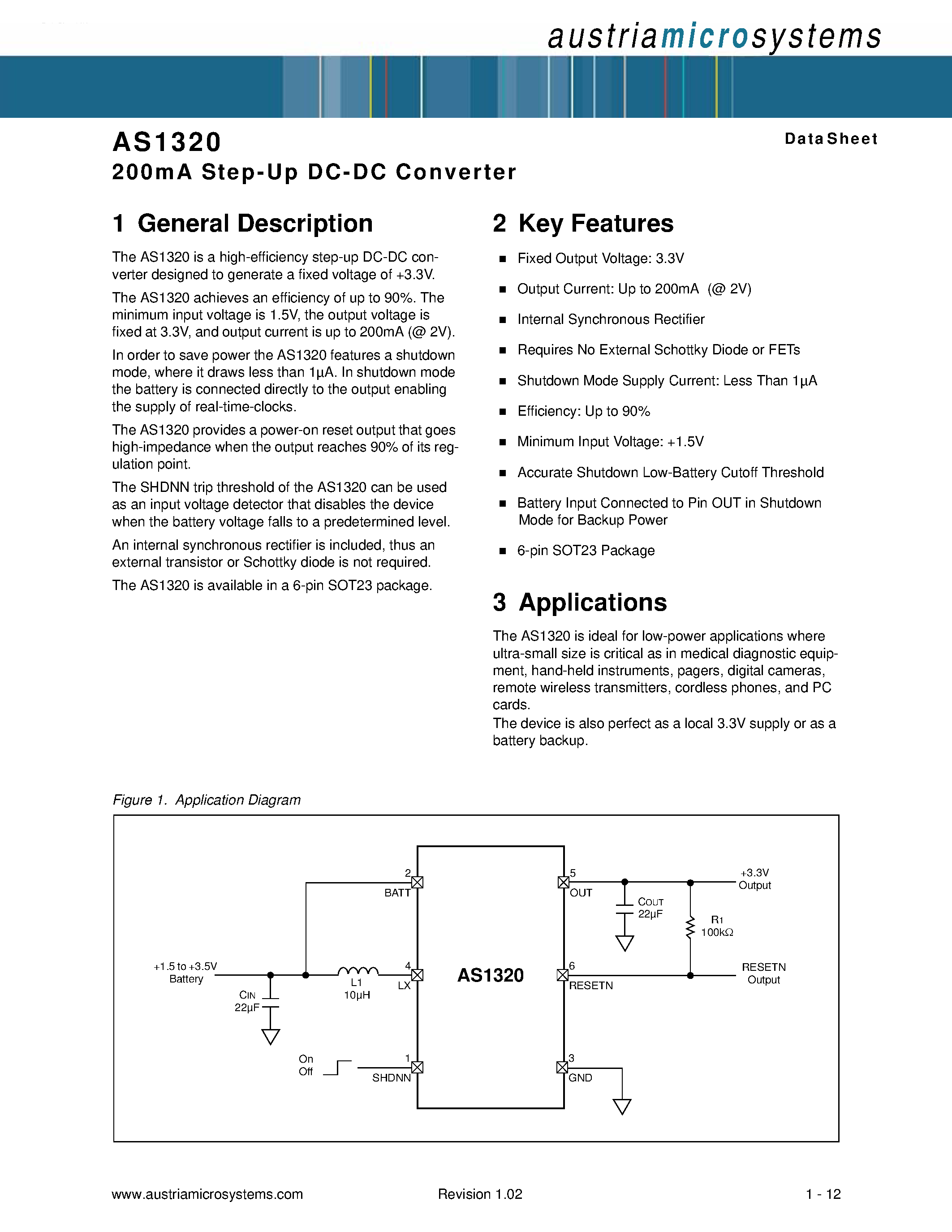 Даташит на микросхему AS1320 страница 1 Даташит AS1320 - Step-Up DC-DC Converter страница 1