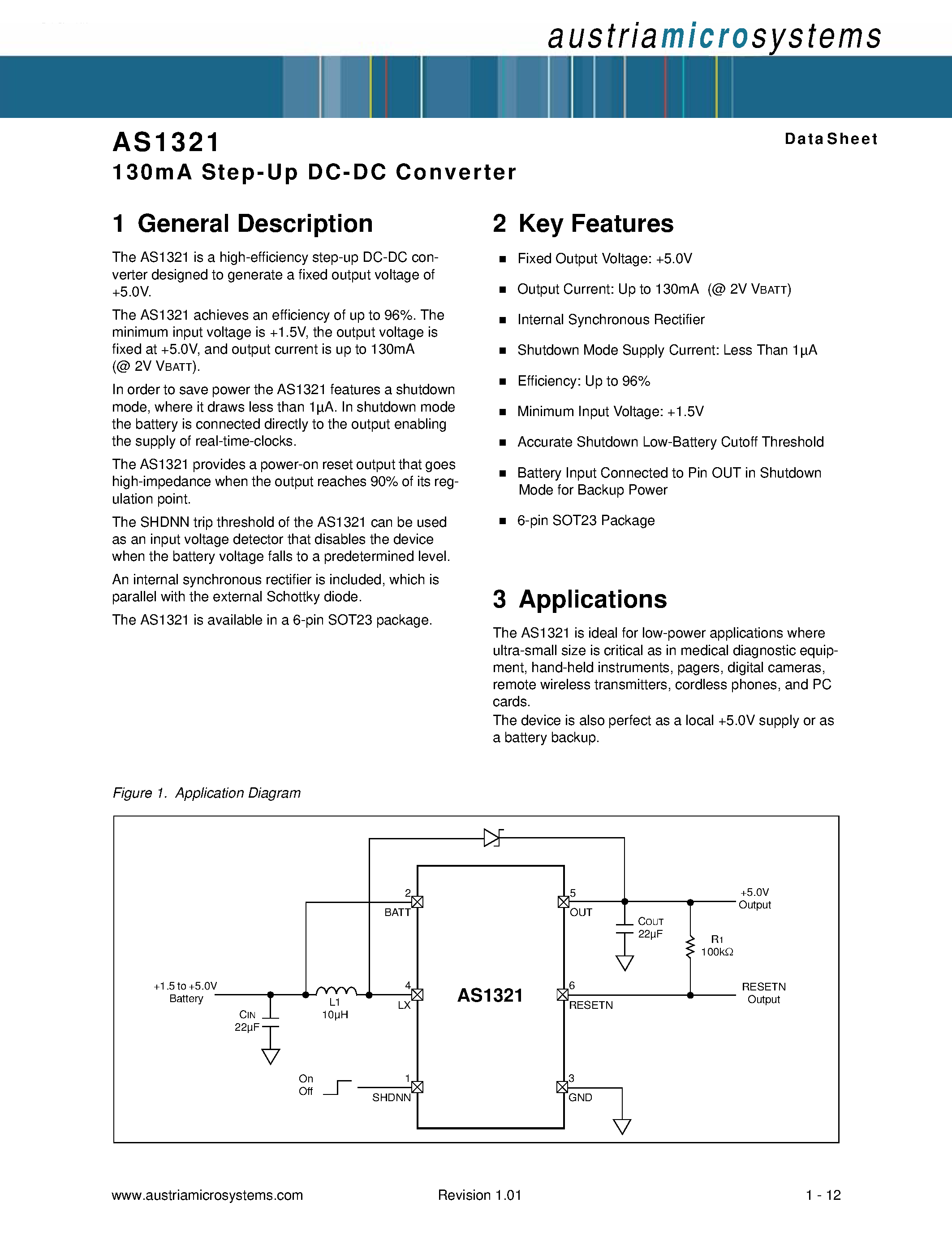 Даташит на микросхему AS1321 страница 1 Даташит AS1321 - Step-Up DC-DC Converter страница 1