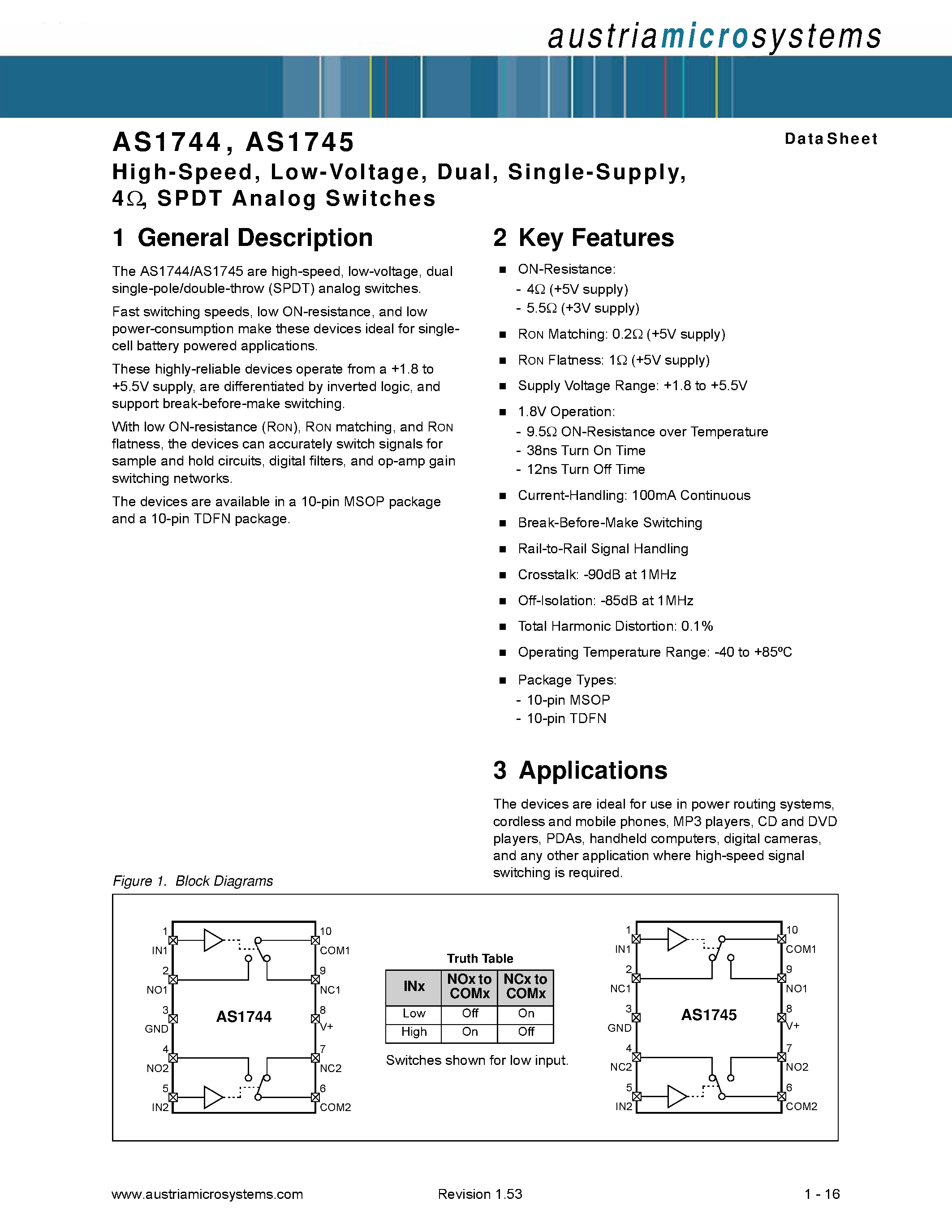 Даташит на микросхему AS1744 страница 1 Даташит AS1744 - (AS1744 / AS1745) SPDT Analog Switches страница 1