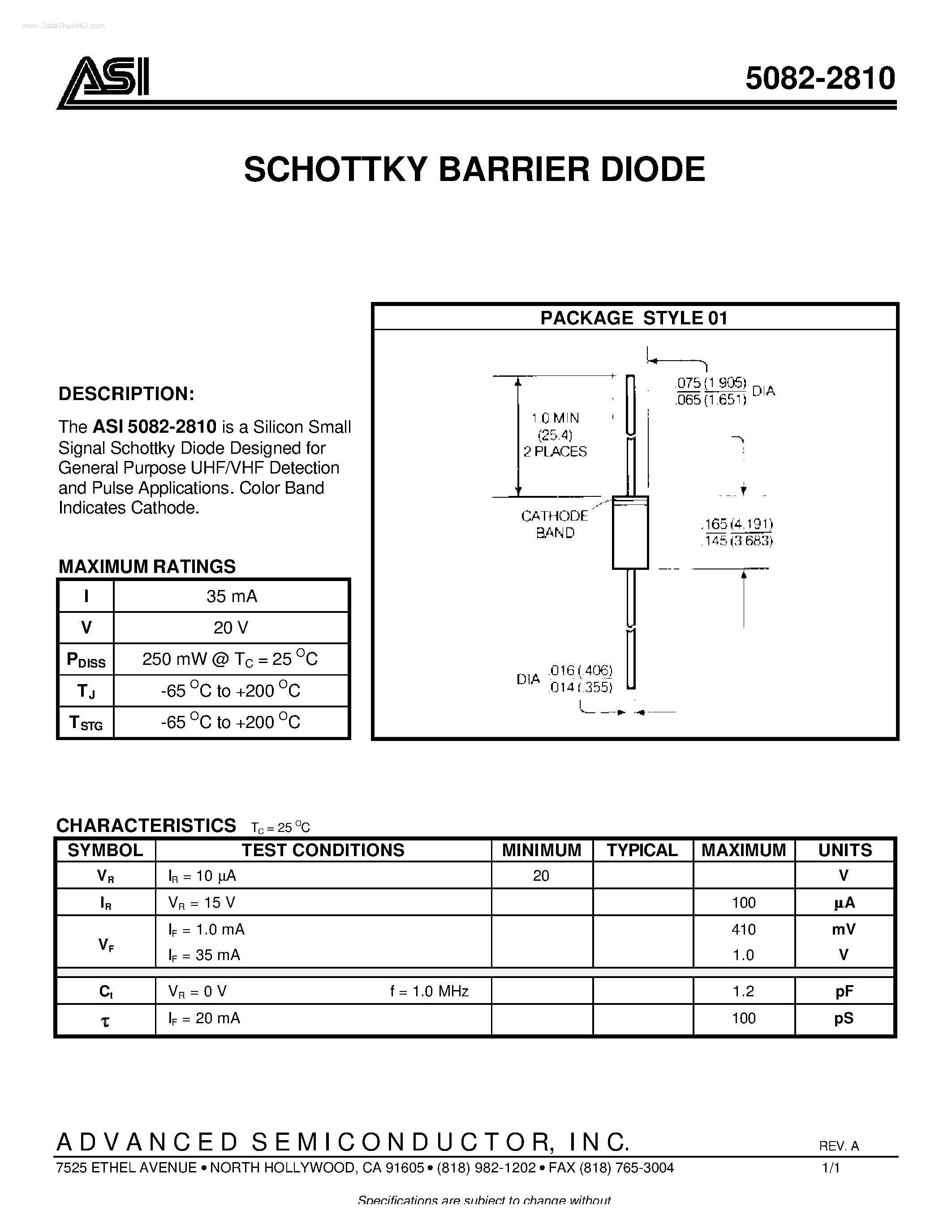 Datasheet ASI5082-2810 page 1 Datasheet ASI5082-2810 - SCHOTTKY BARRIER DIODE page 1