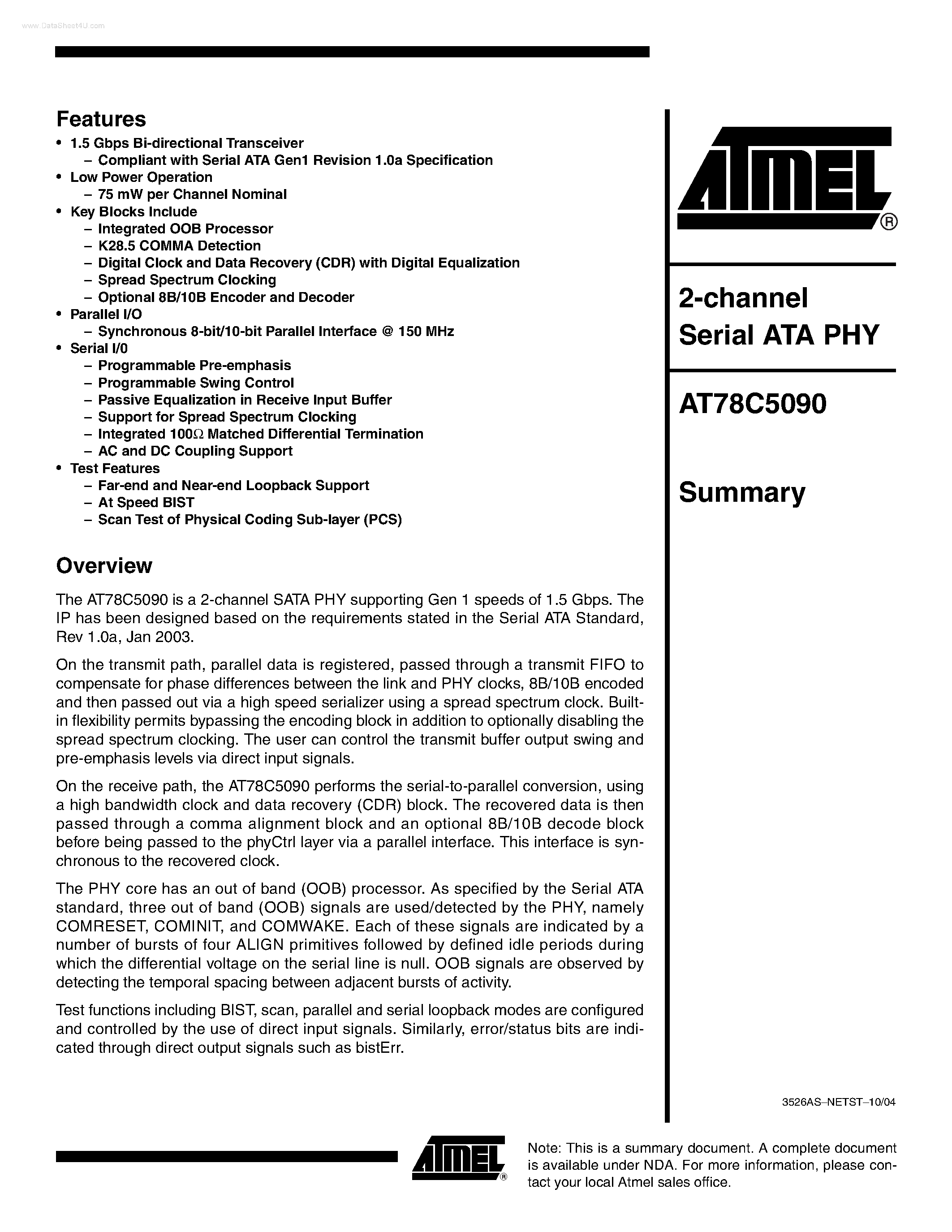Даташит AT78C5090 - 2-CHANNEL SERIAL ATA PHY страница 1