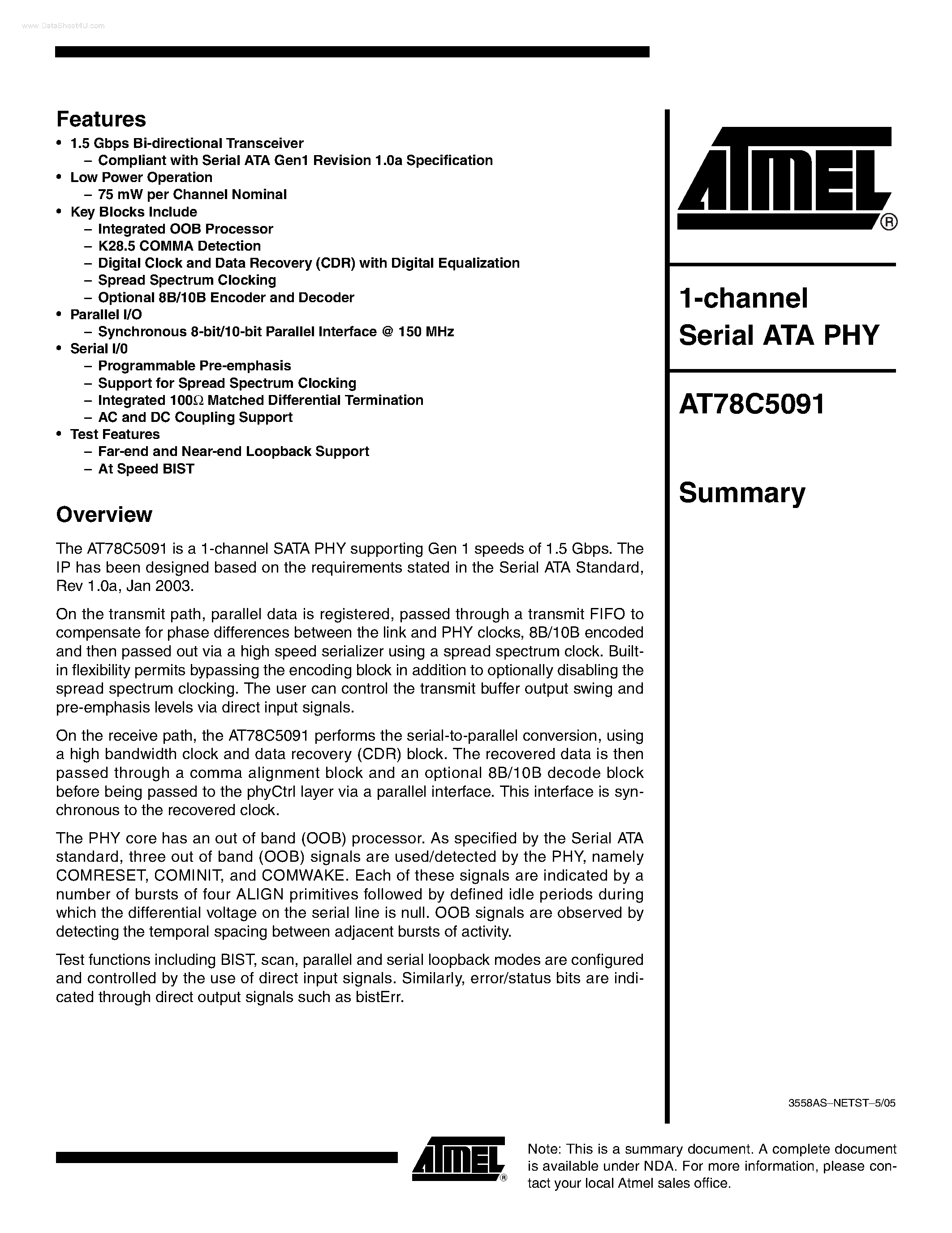 Даташит AT78C5091 - 1-CHANNEL SERIAL ATA PHY страница 1