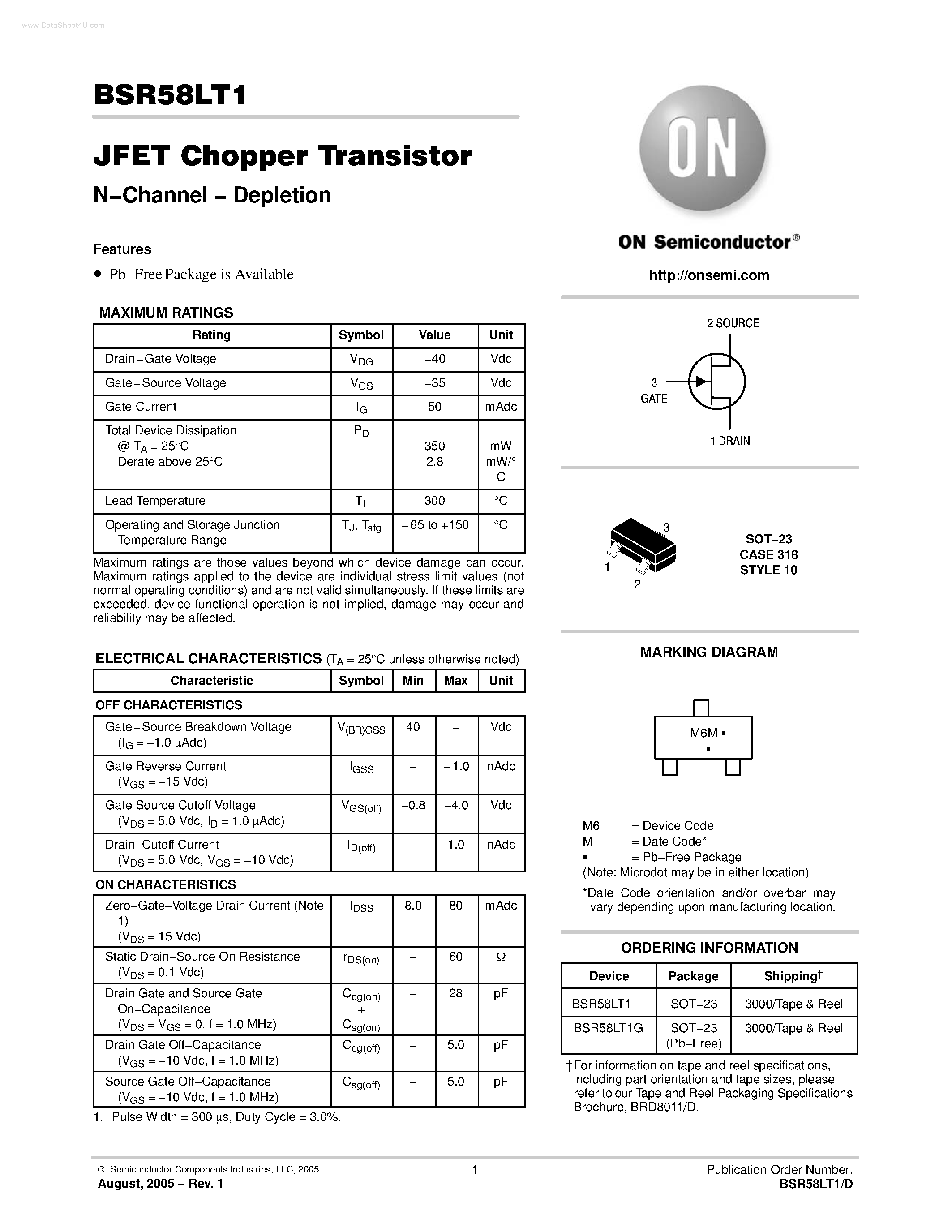 Datasheet BSR58LT1 - JFET Chopper Transistor N-Channel - Depletion page 1