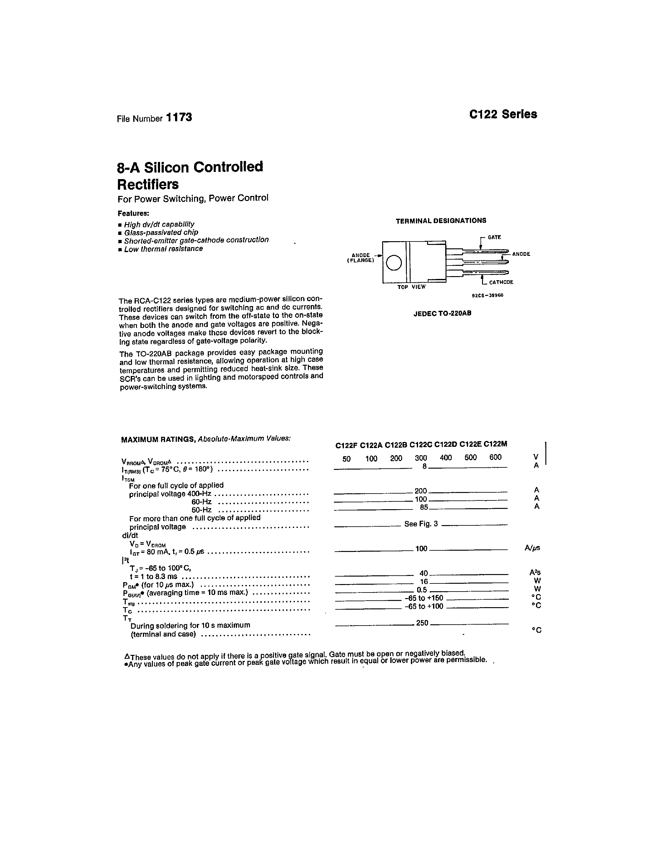 Datasheet C122 - 8-A Silicon Controlled Rectifiers page 1