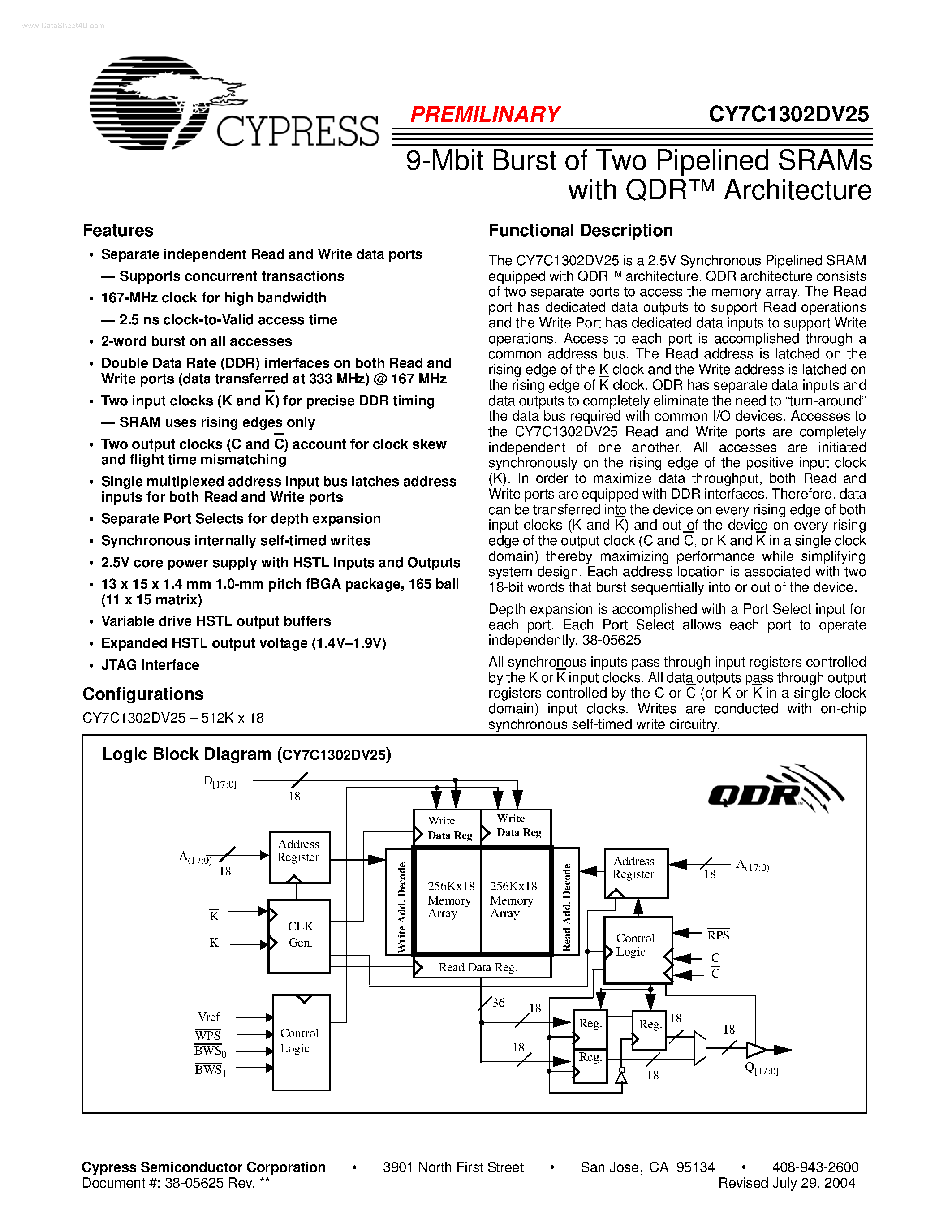 Даташит CY7C1302DV25 - 9-Mbit Burst of Two Pipelined SRAMs страница 1