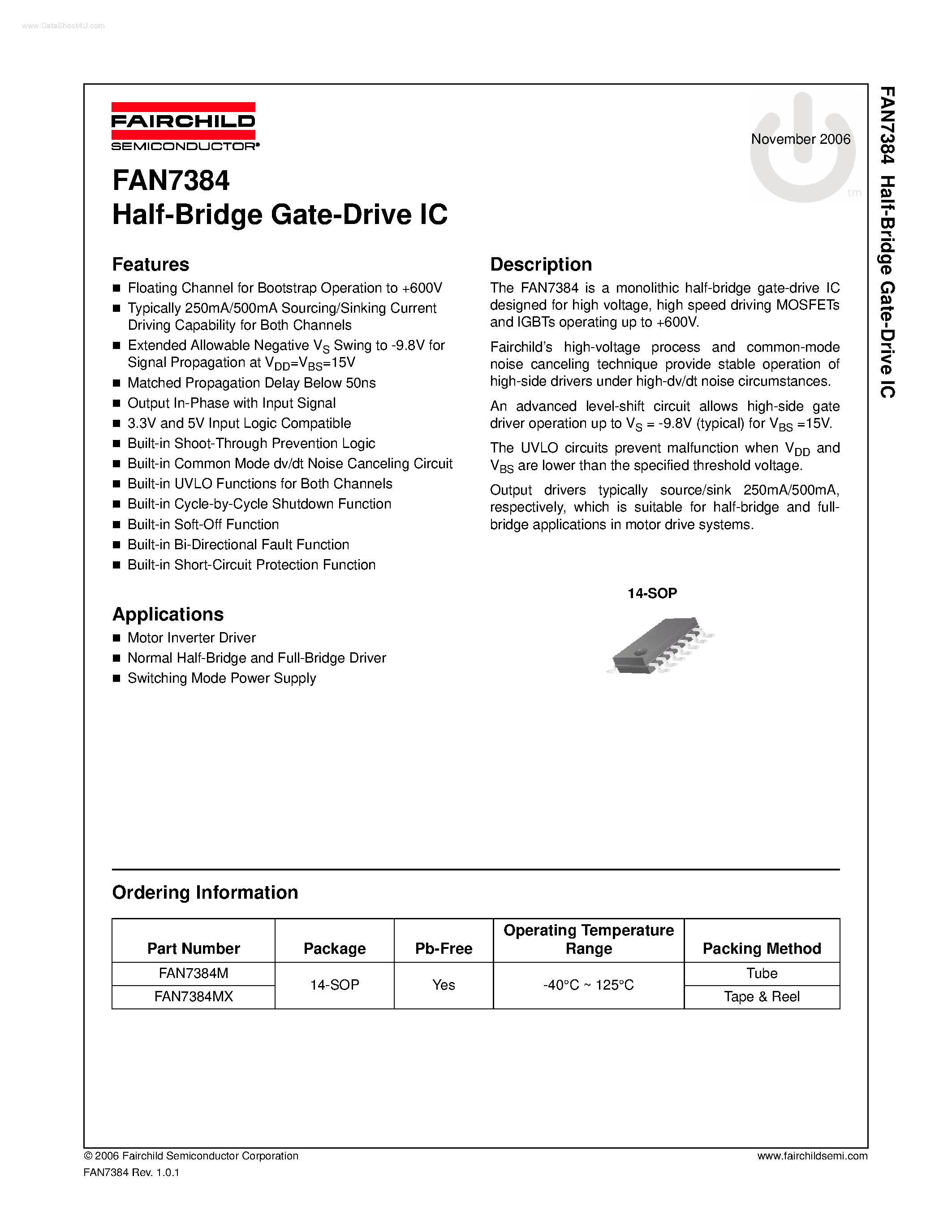 Даташит на микросхему FAN7384 страница 1 Даташит FAN7384 - Half-Bridge Gate-Drive IC страница 1