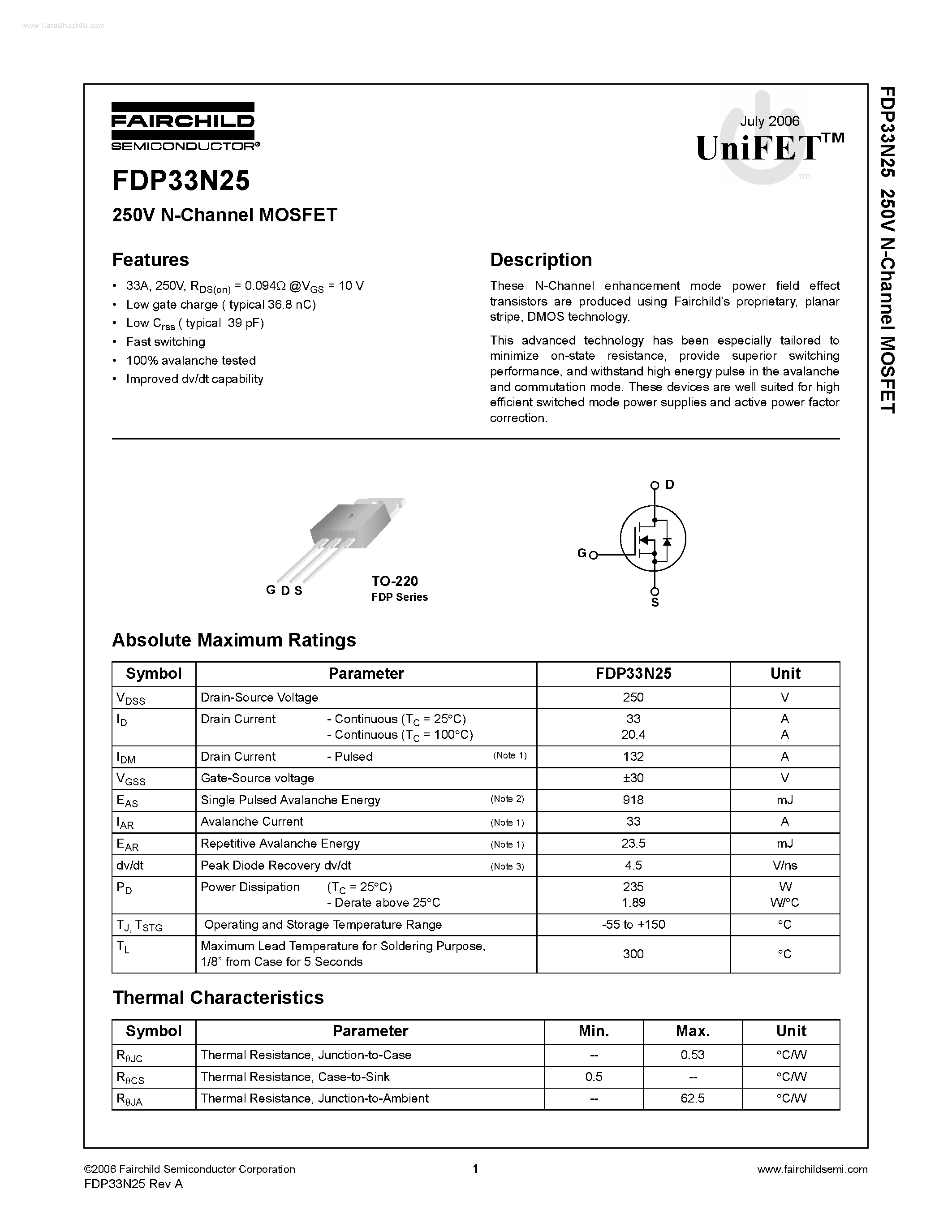 Datasheet FDP33N25 - N-Channel MOSFET page 1