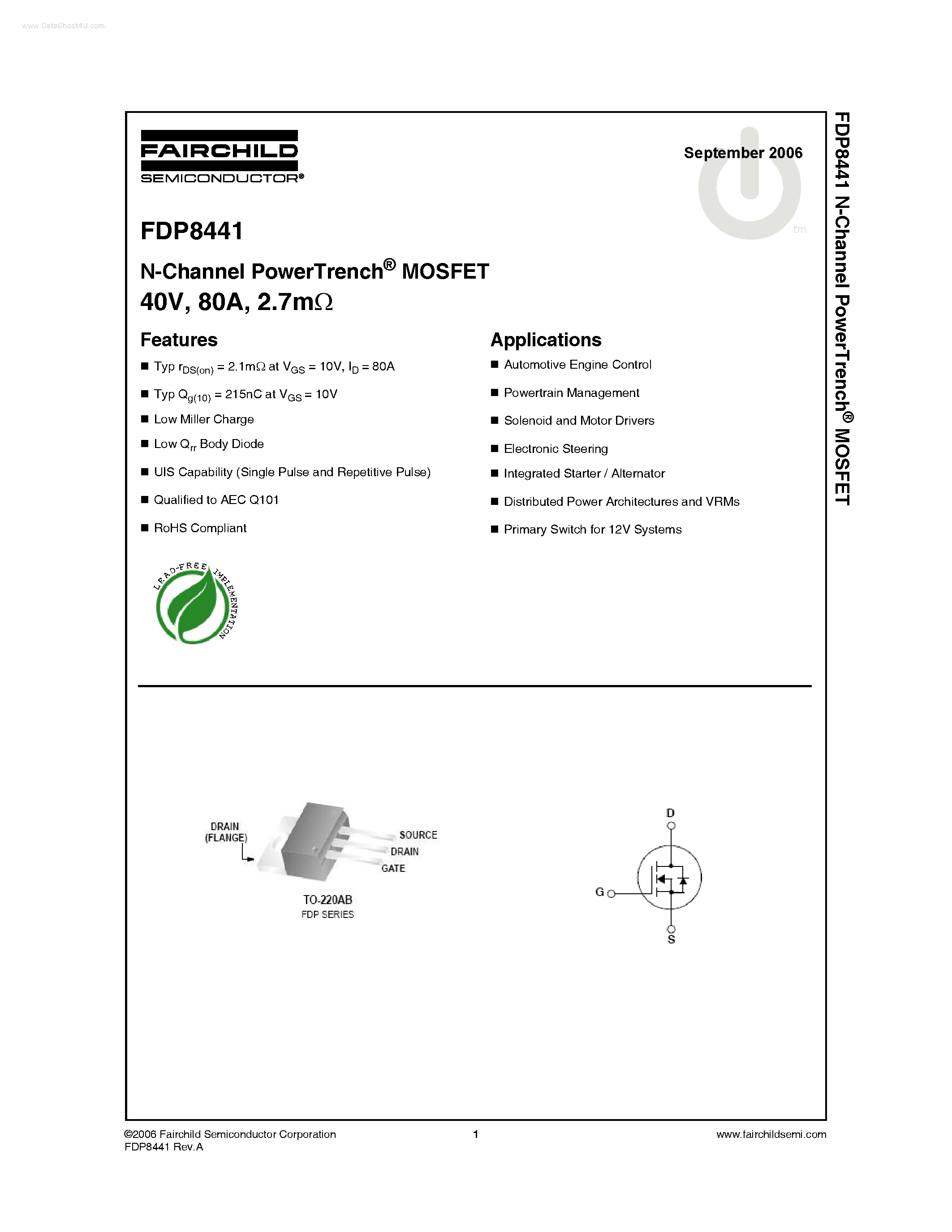 Datasheet FDP8441 - N-Channel PowerTrench MOSFET page 1