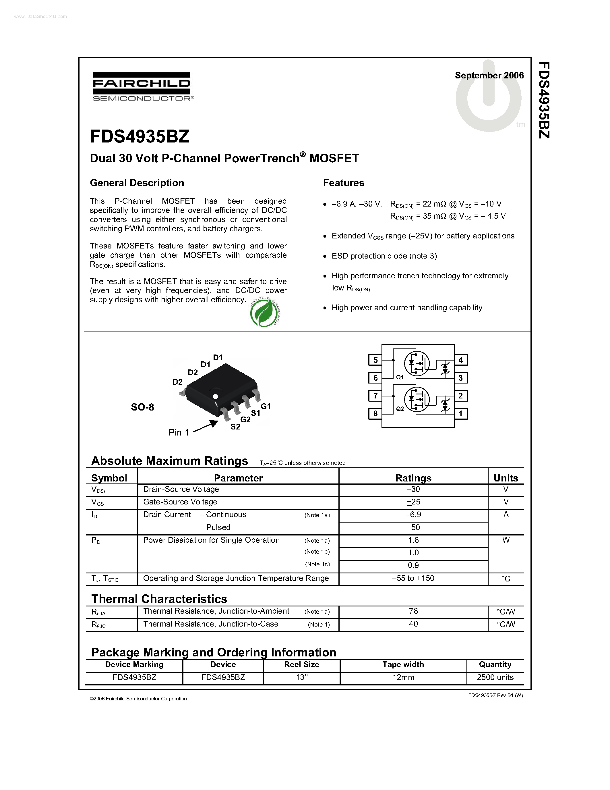 Datasheet FDS4935BZ page 1 Datasheet FDS4935BZ - Dual 30 Volt P-Channel PowerTrench MOSFET page 1