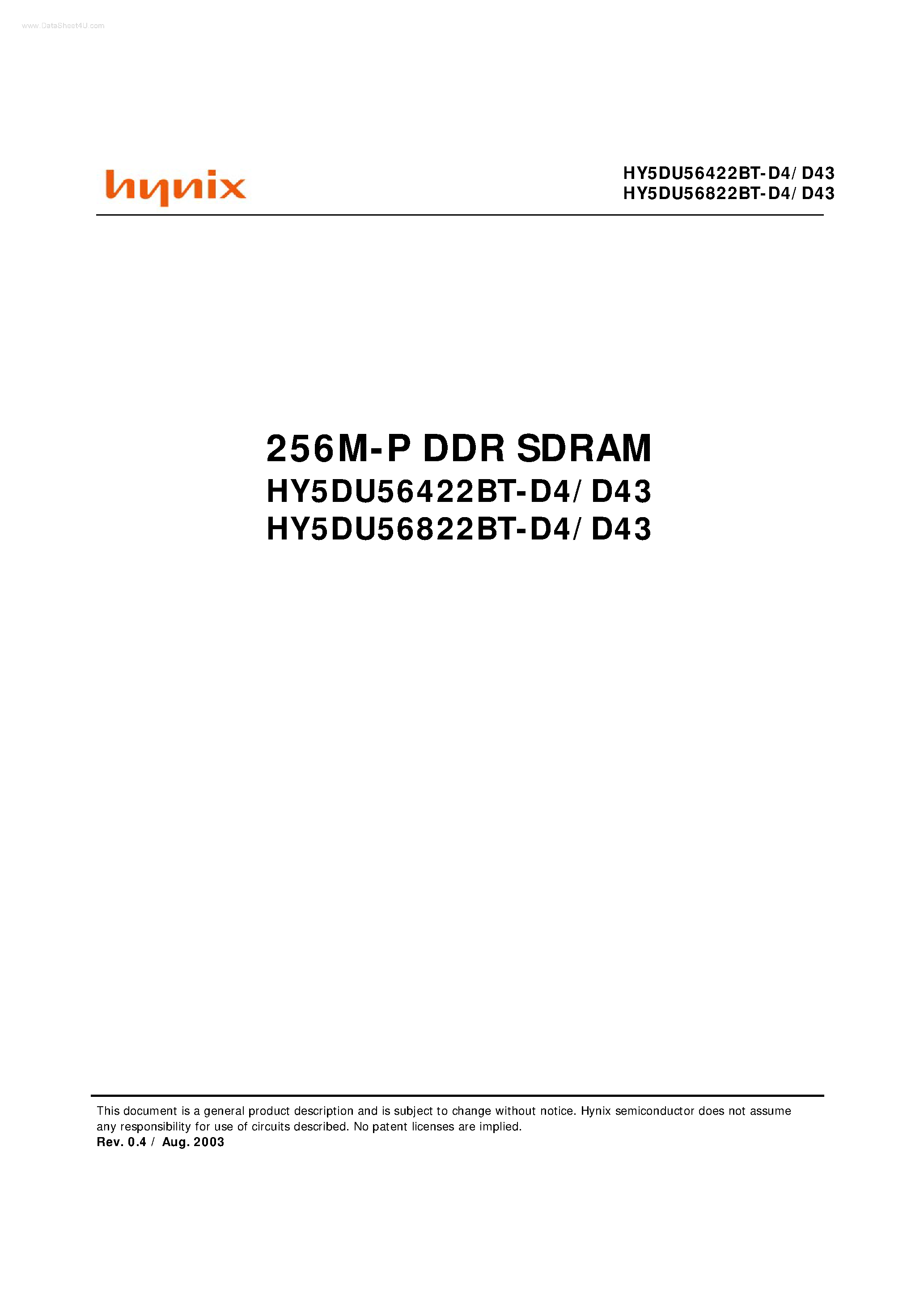 Datasheet HY5DU56422BT-D4 - (HY5DU56x22BT-D4x) 256M-P DDR SDRAM page 1