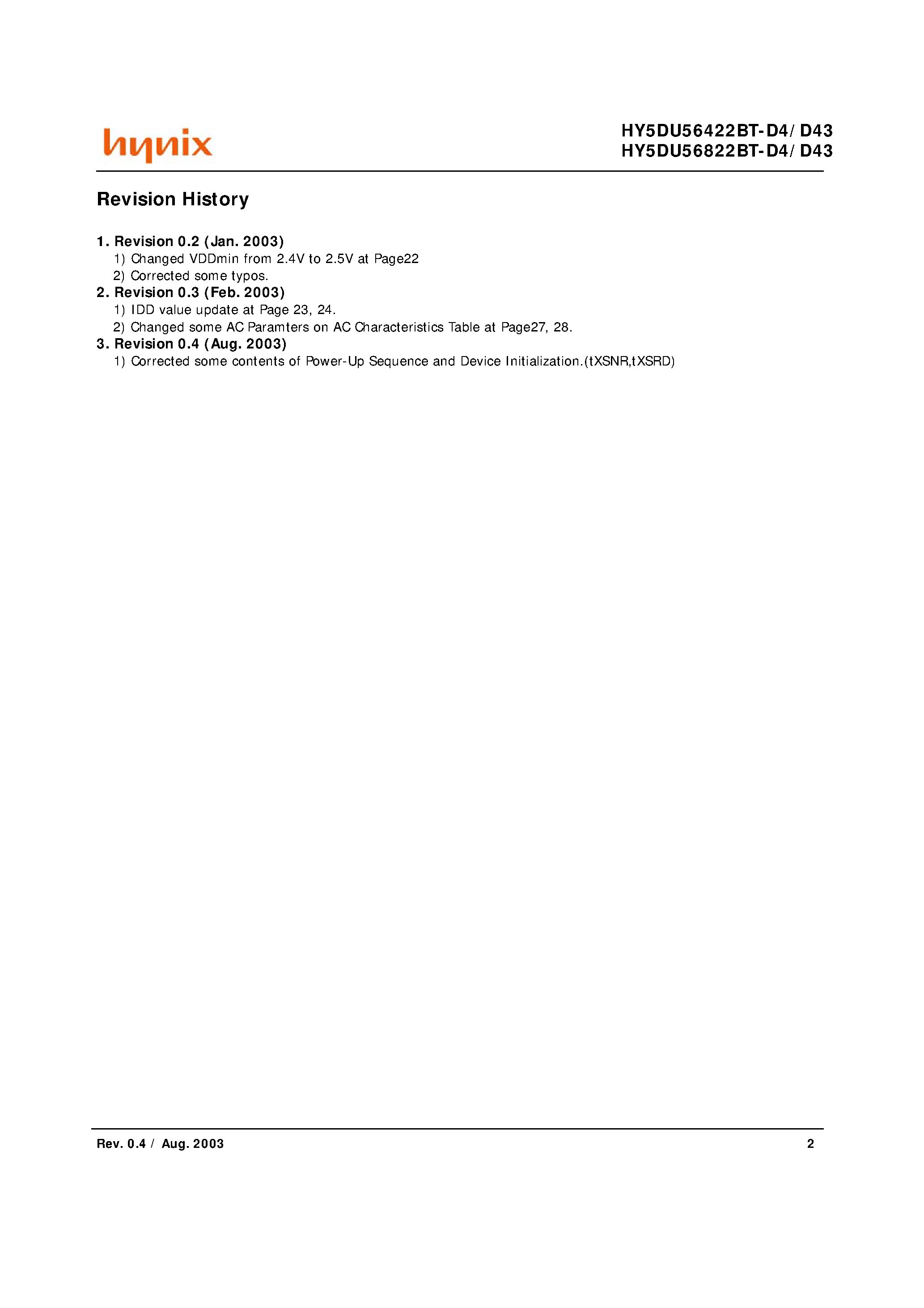 Datasheet HY5DU56422BT-D4 - (HY5DU56x22BT-D4x) 256M-P DDR SDRAM page 2