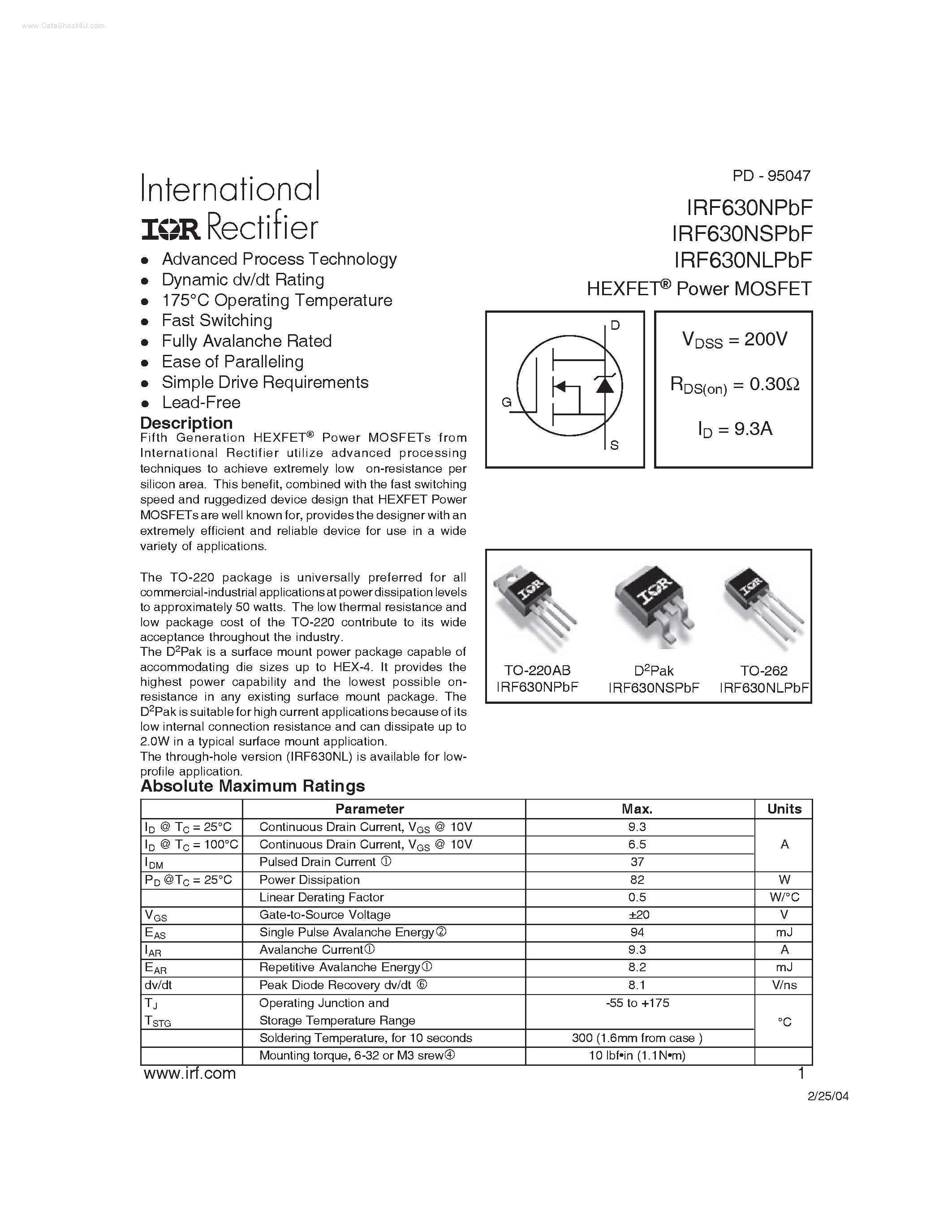 Datasheet IRF630NLPBF - HEXFET Power MOSFET page 1
