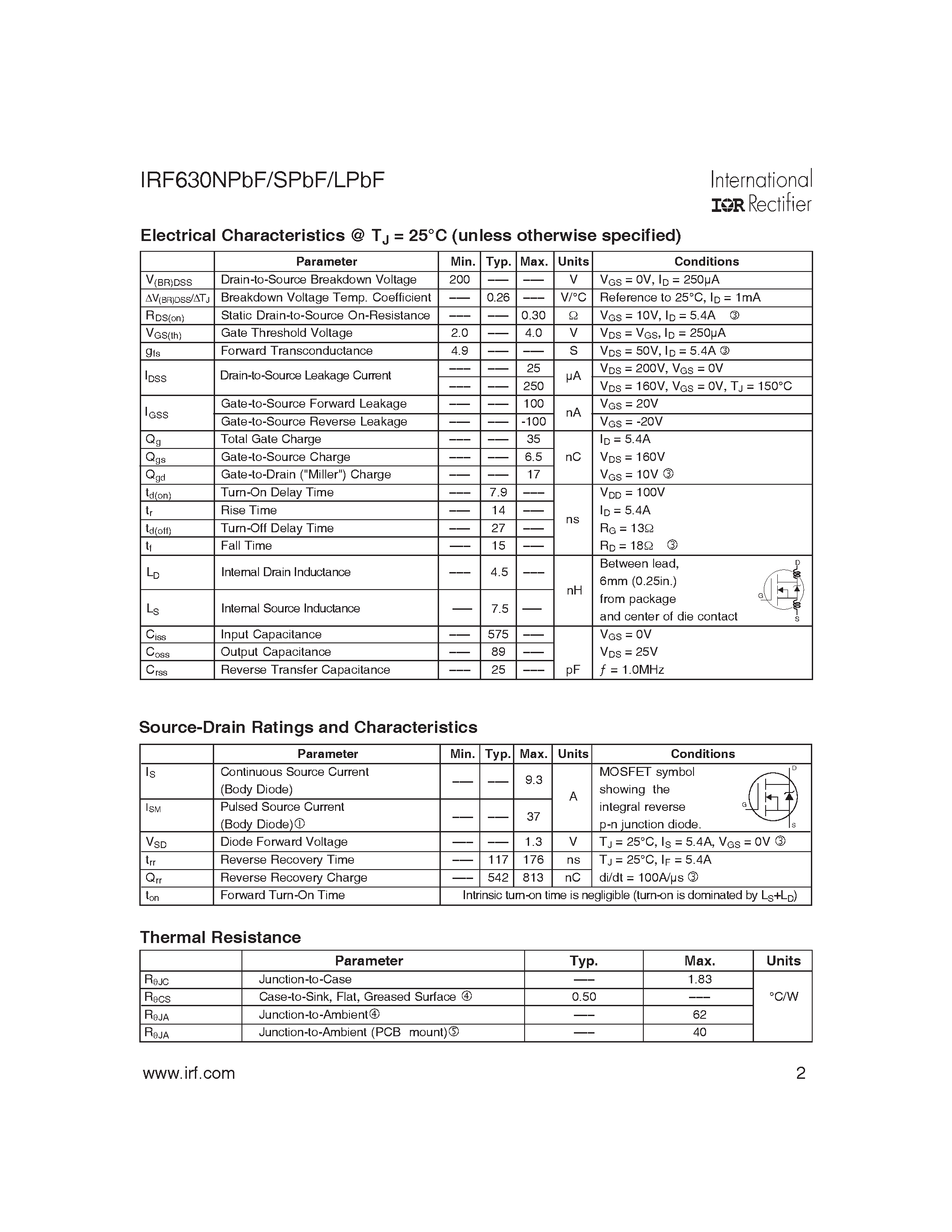 Datasheet IRF630NLPBF - HEXFET Power MOSFET page 2