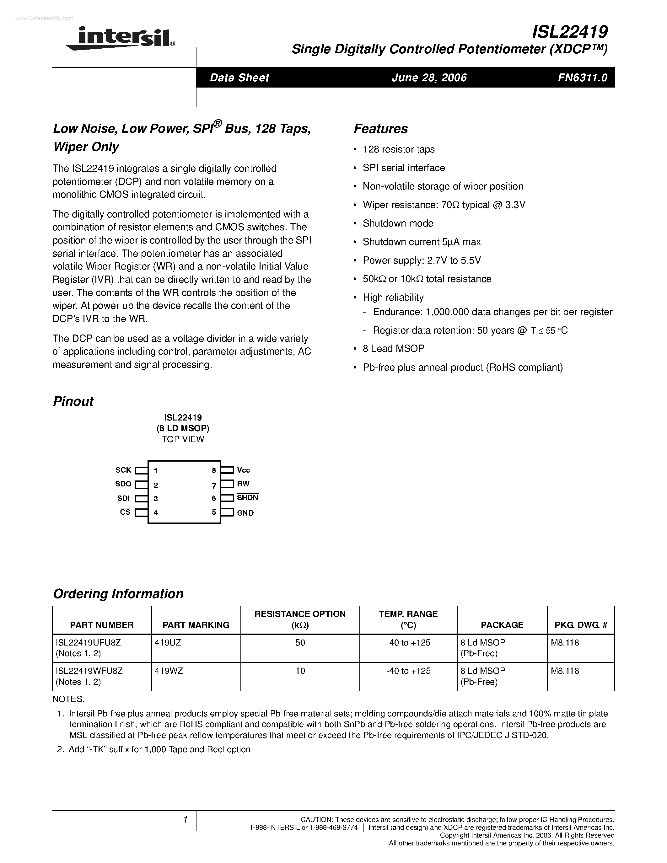 Datasheet ISL22419 page 1 Datasheet ISL22419 - Single Digitally Controlled Potentiometer page 1