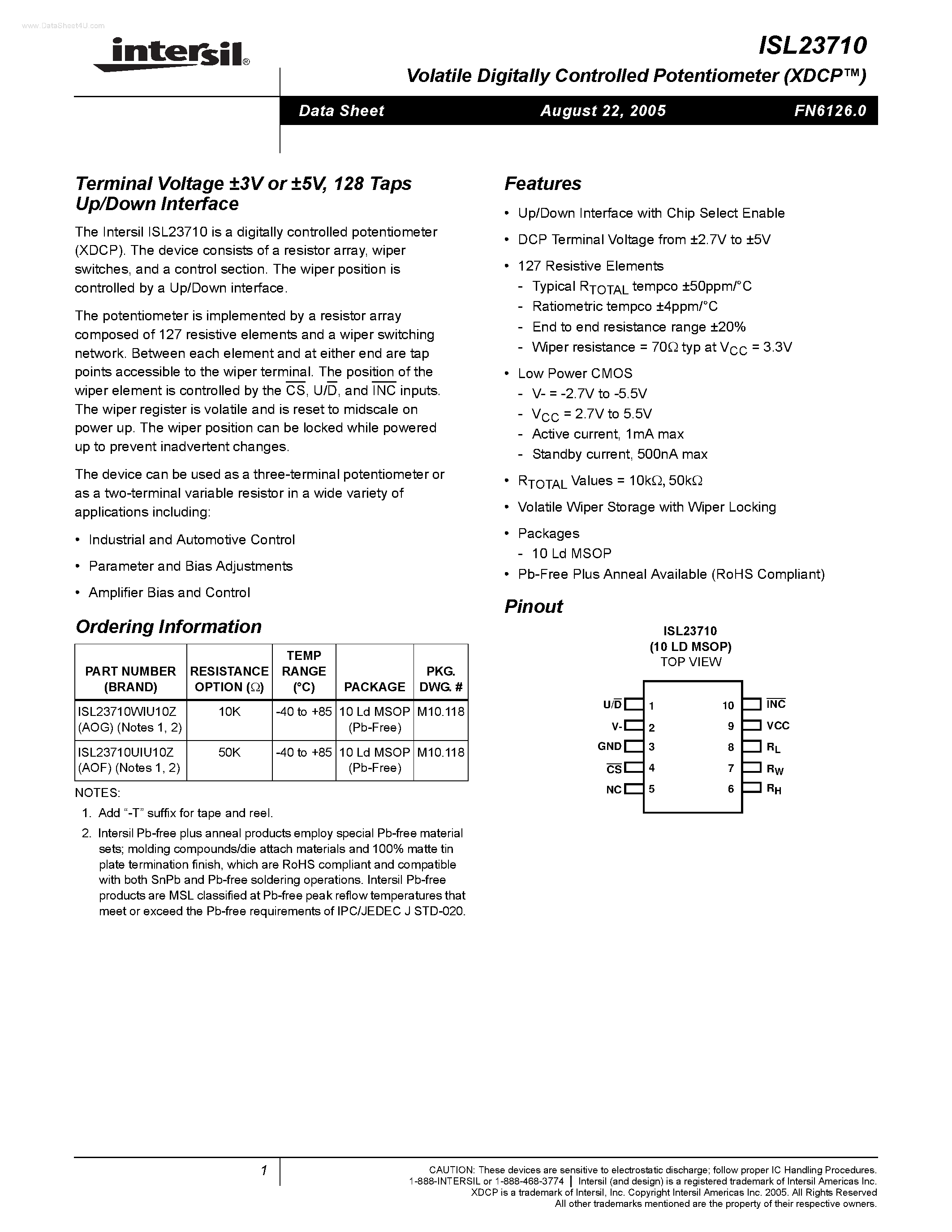 Datasheet ISL23710 - Taps Up/Down Interface page 1