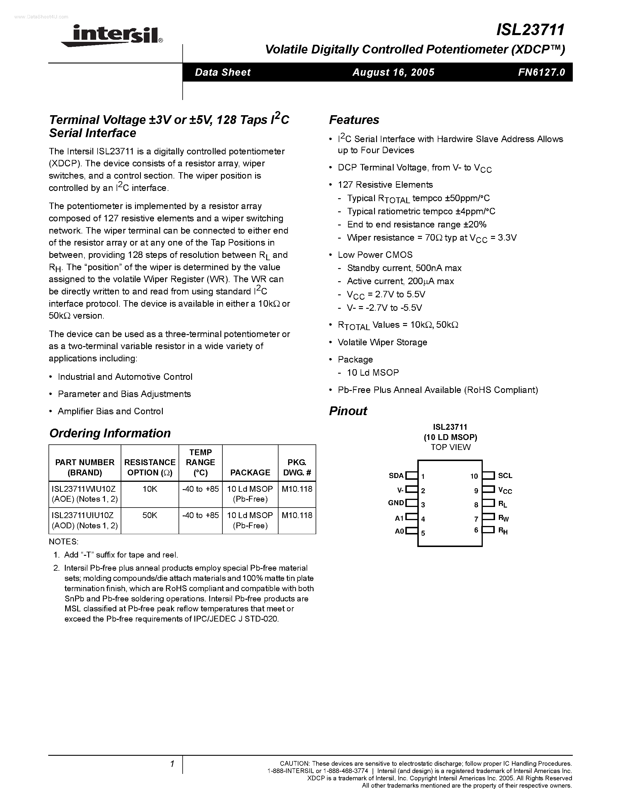 Datasheet ISL23711 - Taps IC Serial Interface page 1