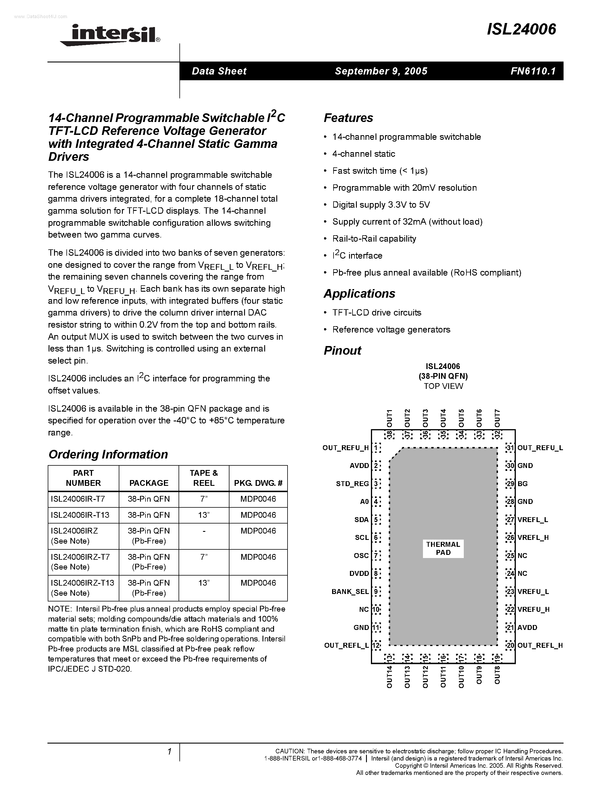 Datasheet ISL24006 - 14-Channel Programmable Switchable I2C TFT-LCD Reference Voltage Generator page 1