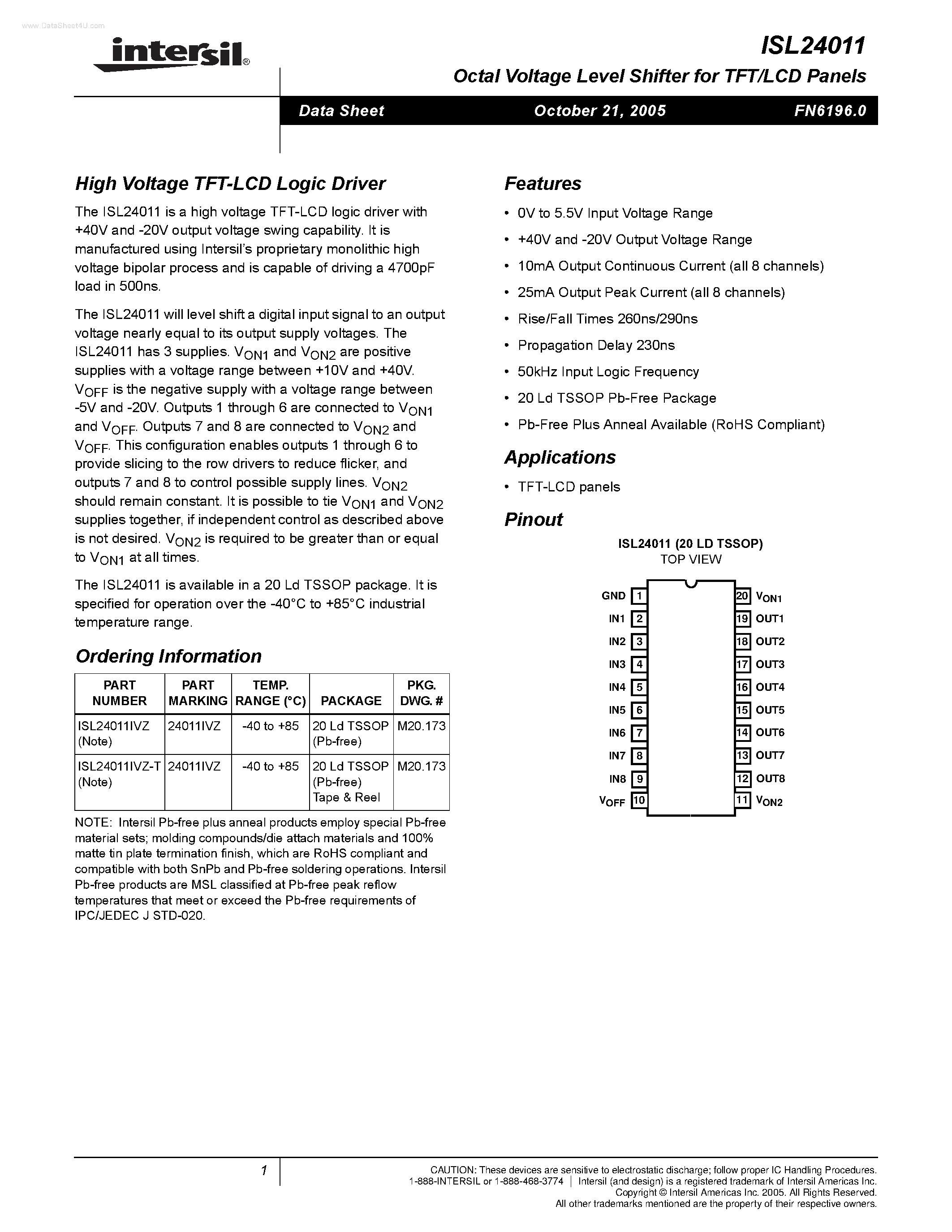 Datasheet ISL24011 - High Voltage TFT-LCD Logic Driver page 1