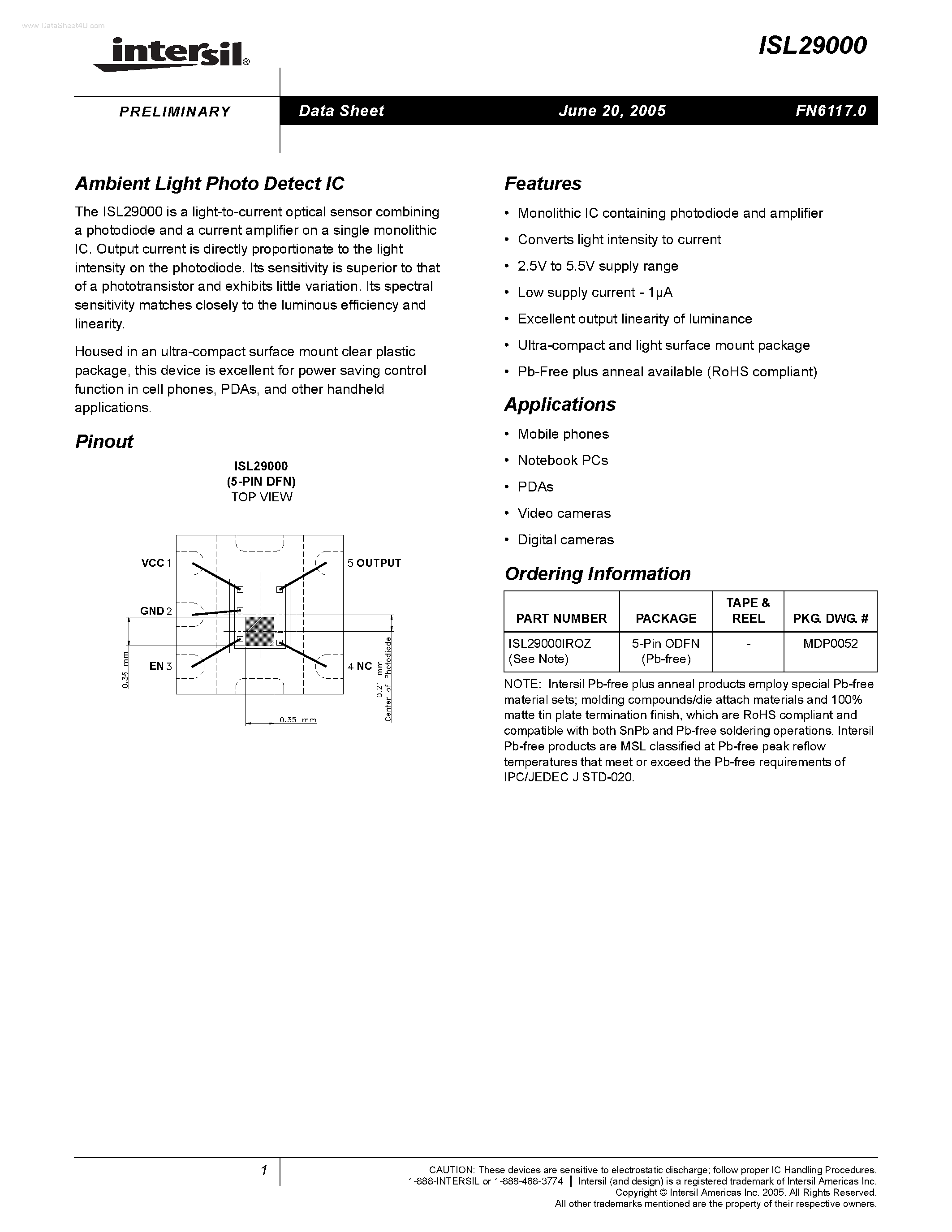 Даташит ISL29000 - Ambient Light Photo Detect IC страница 1