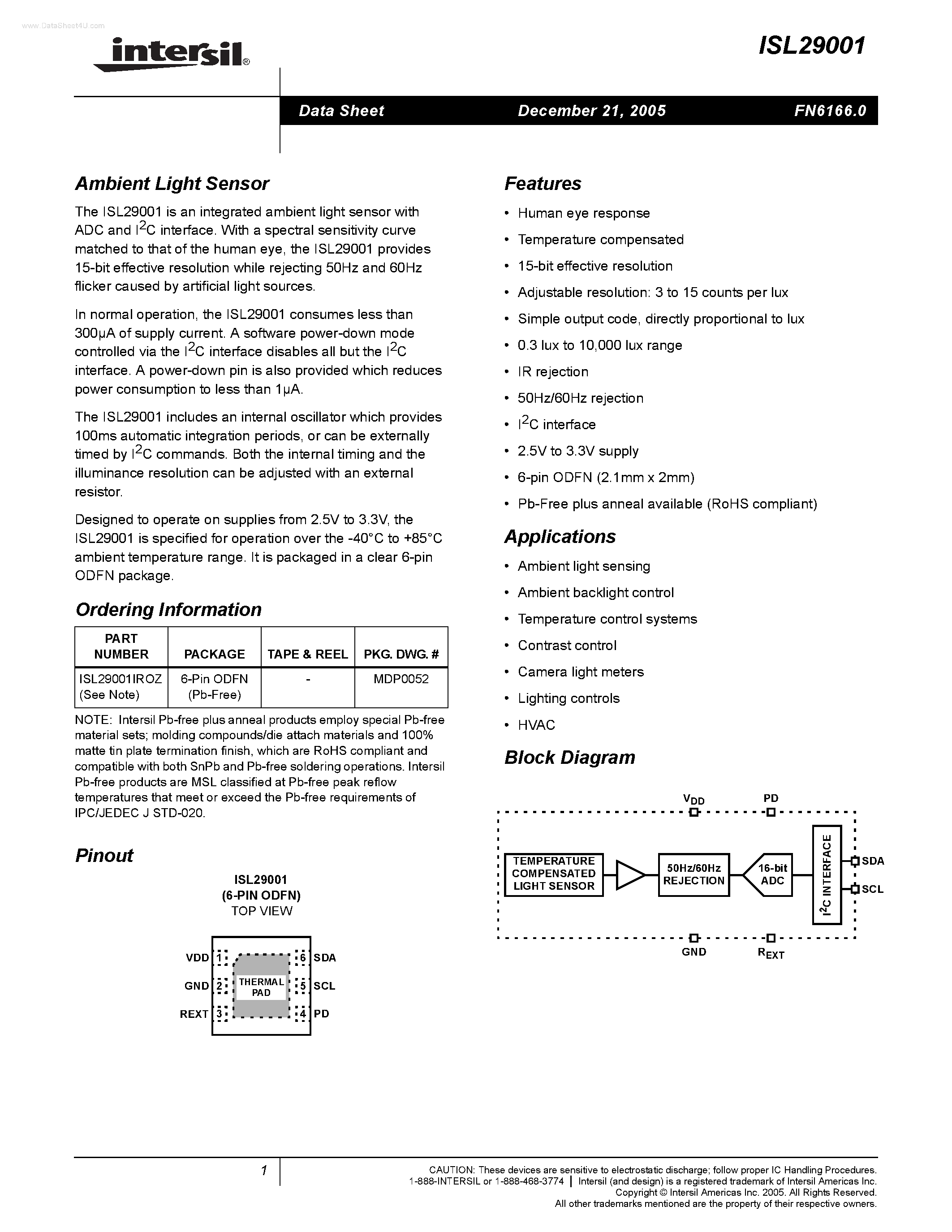 Даташит ISL29001 - Ambient Light Sensor страница 1
