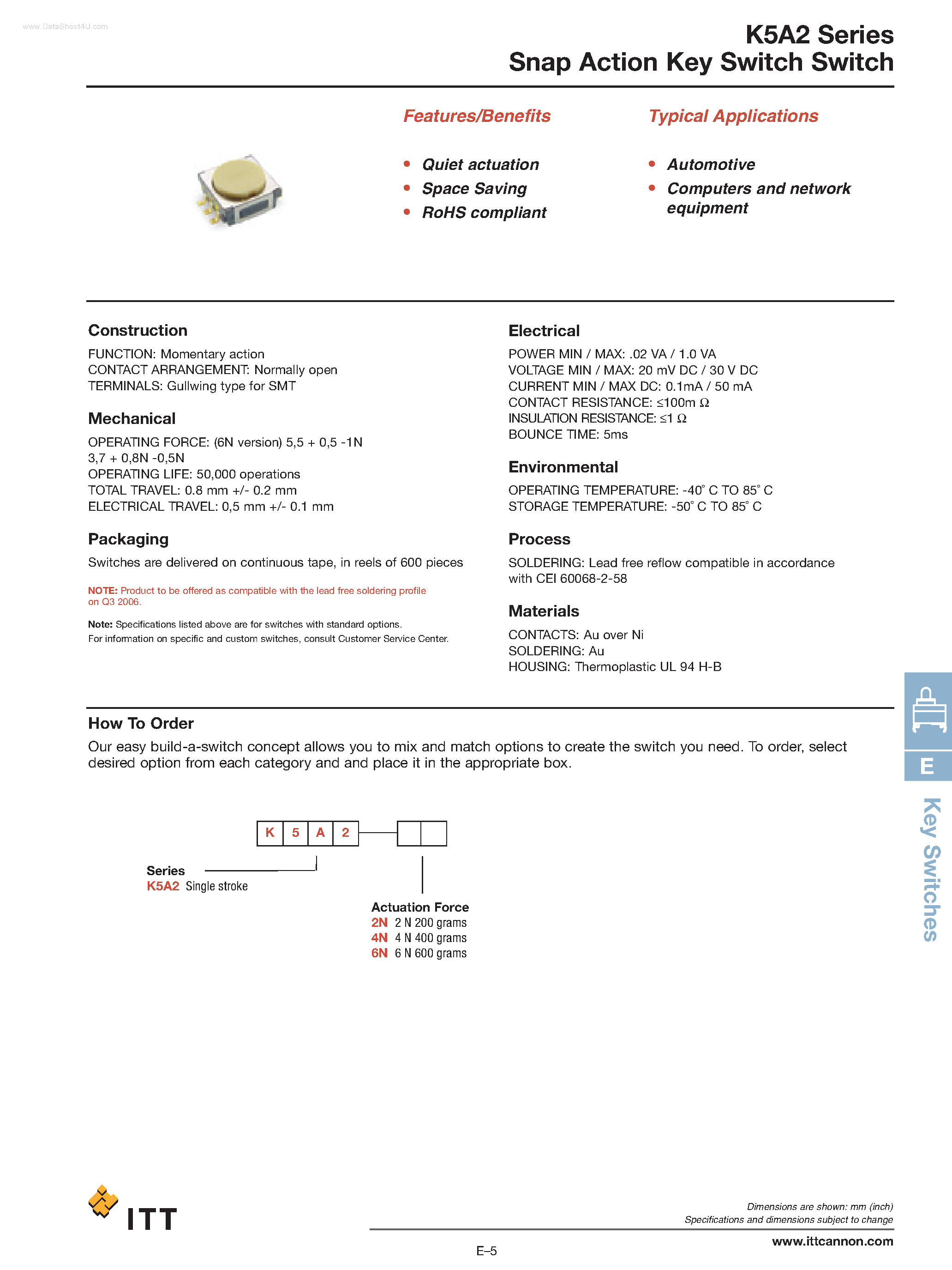 Даташит на микросхему K5A2 страница 1 Даташит K5A2 - Snap Action Key Switch Switch страница 1
