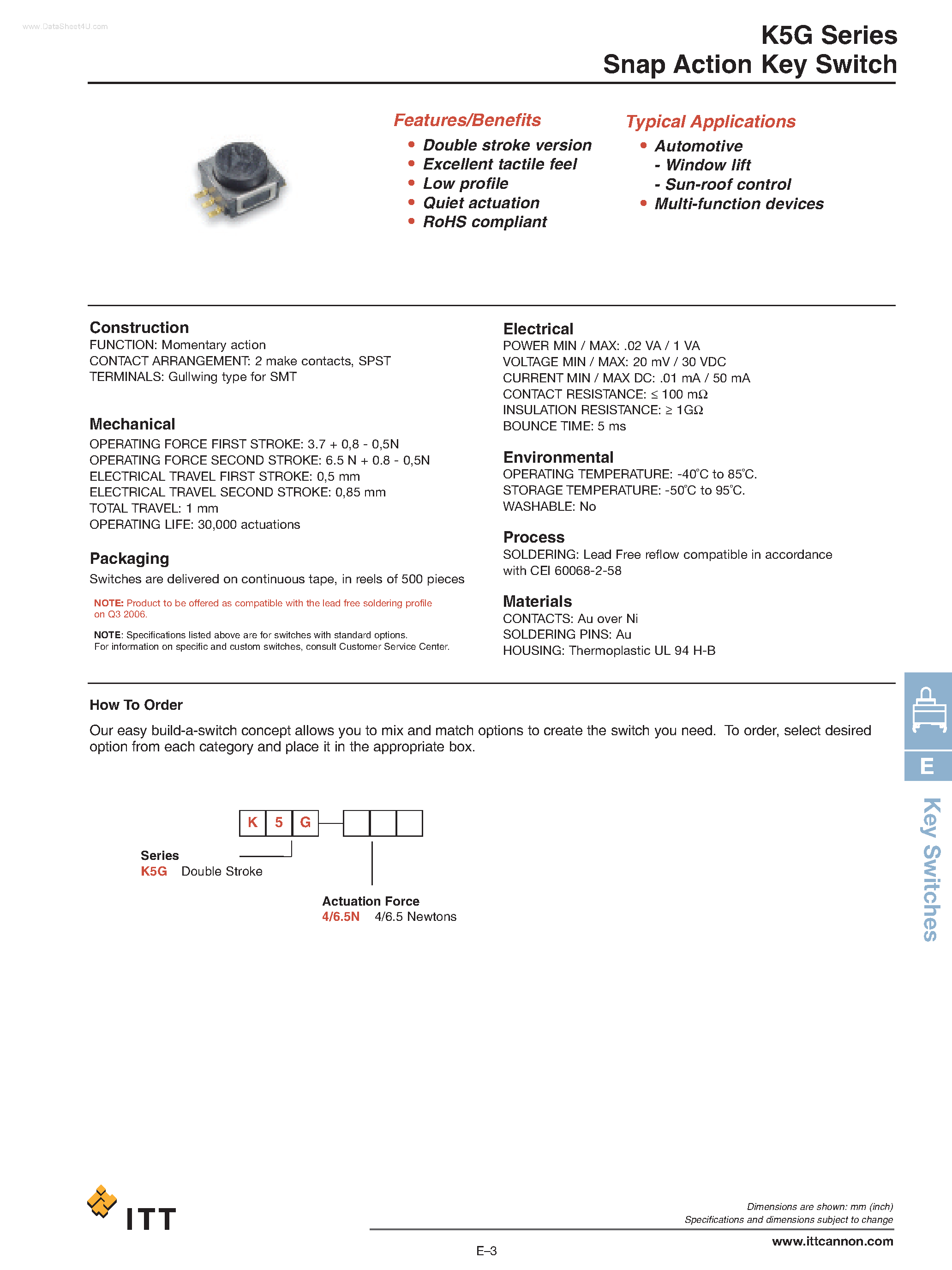 Даташит K5G - Snap Action Key Switch страница 1