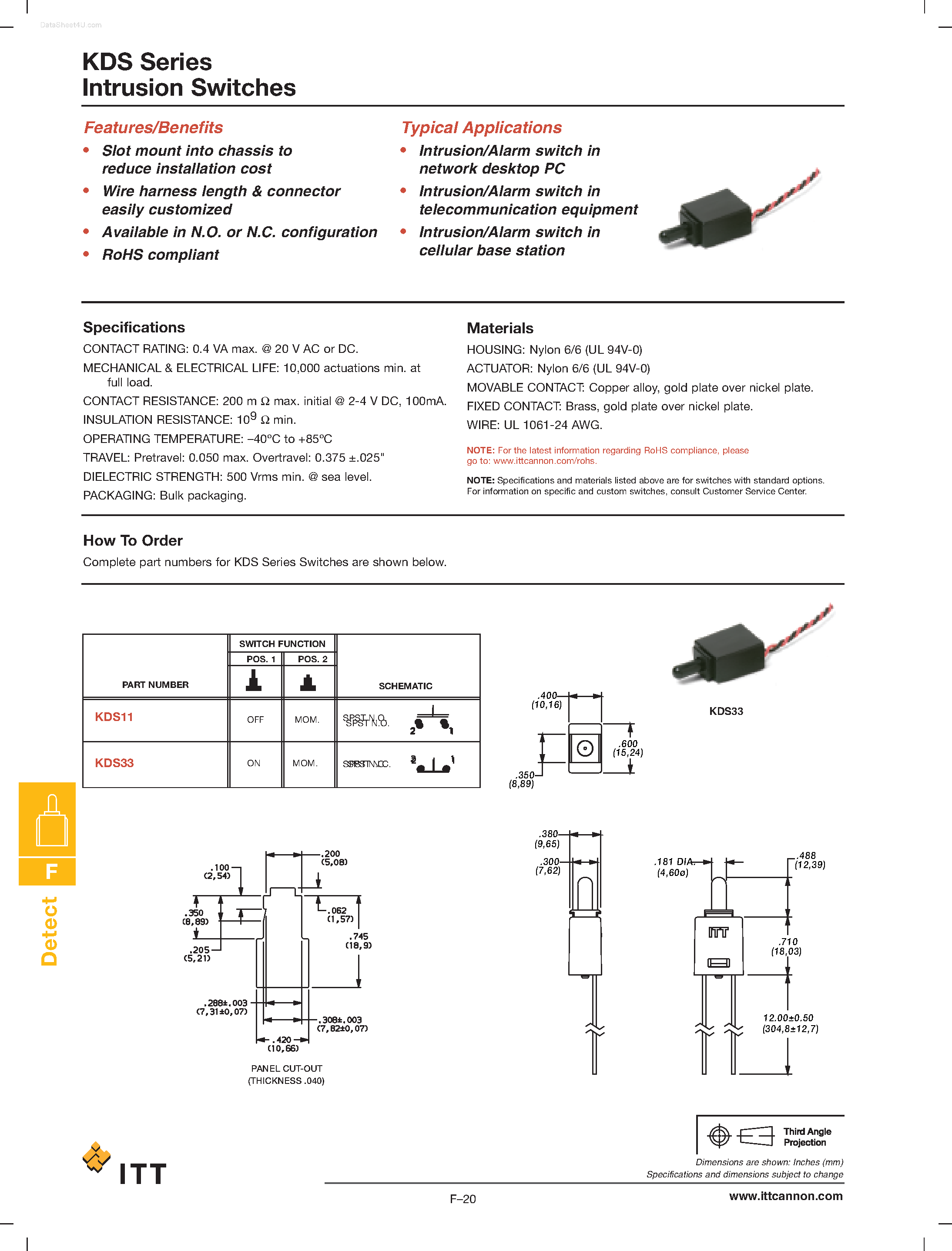 Datasheet KDS - Intrusion Switches page 1