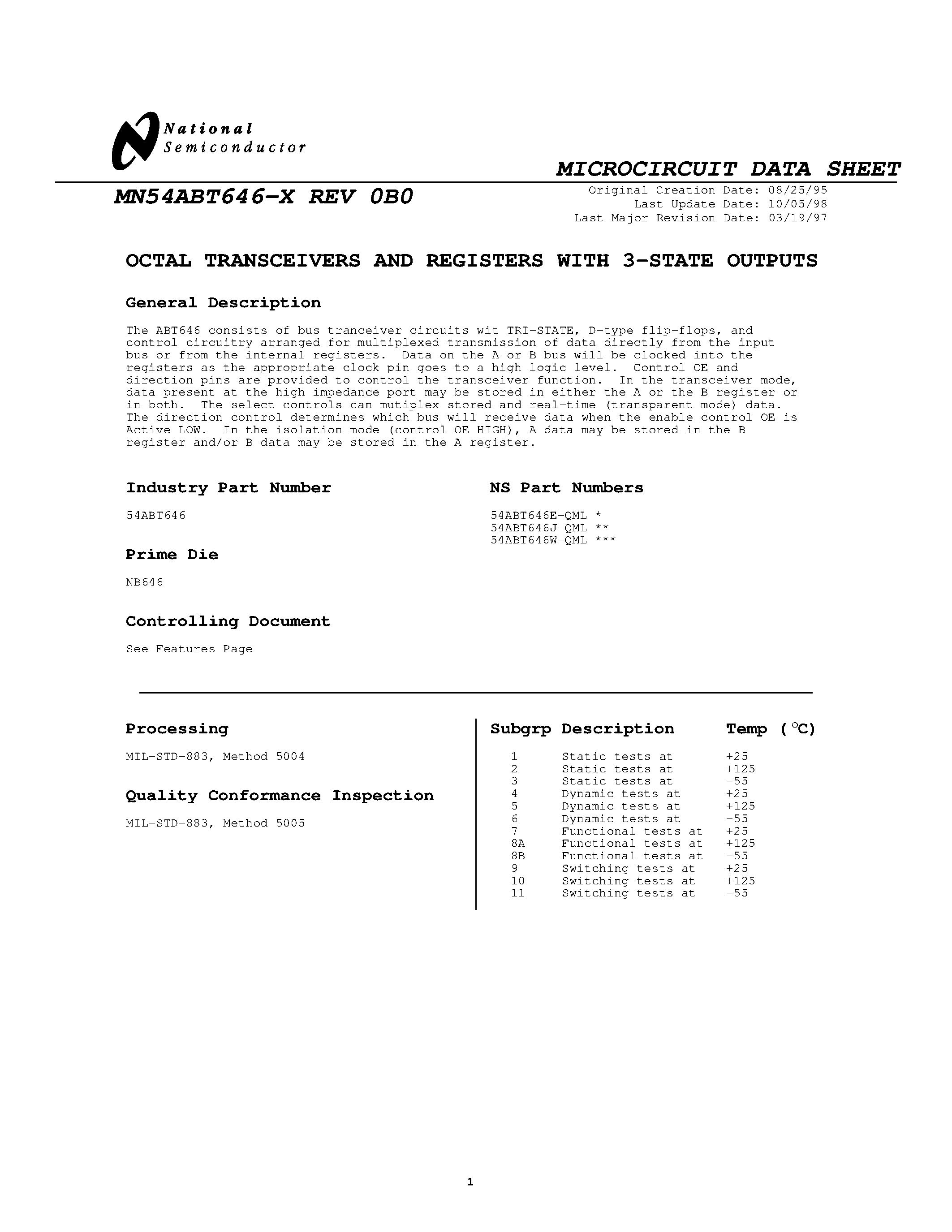 Datasheet MN54ABT646-x - REV 0B0 page 1