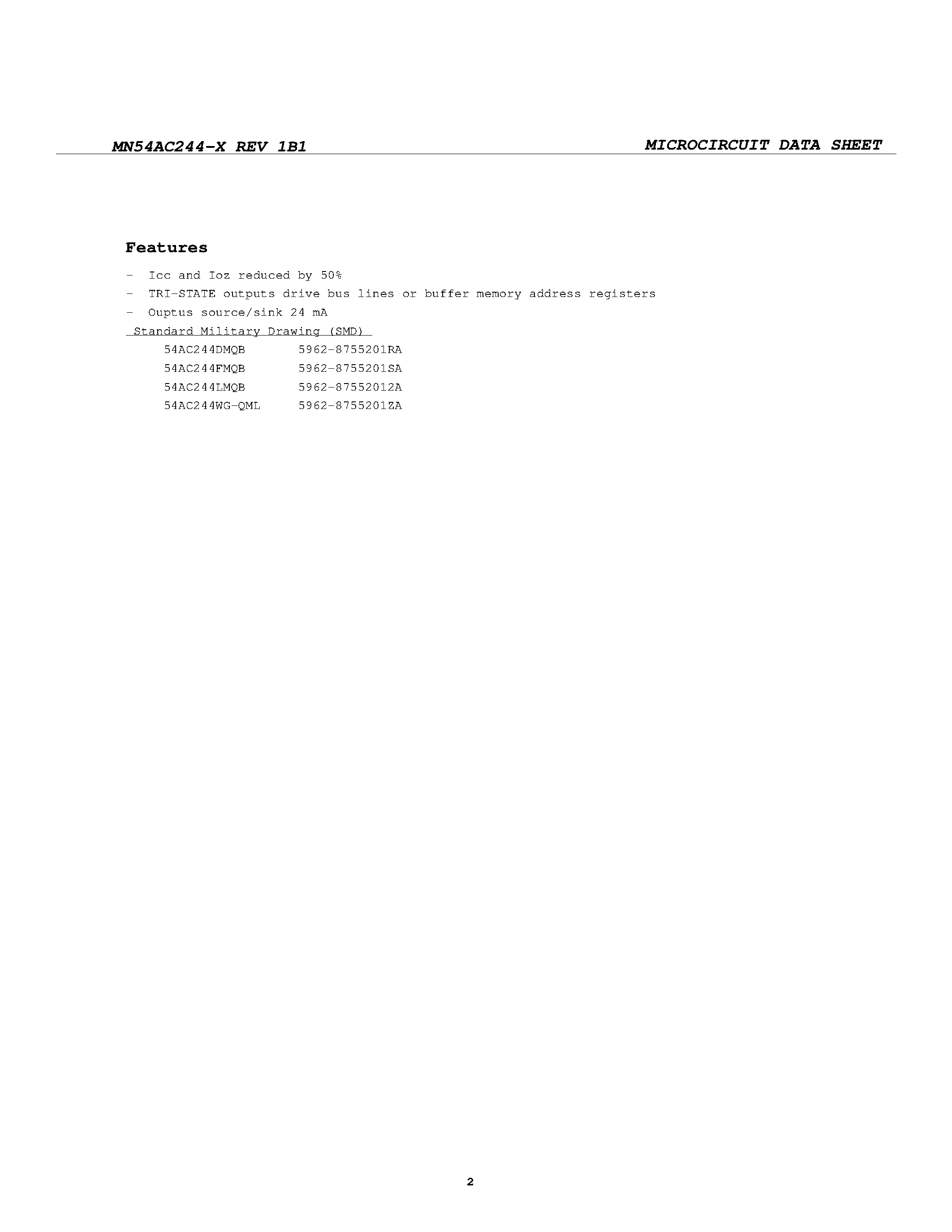 Datasheet MN54AC244-X page 2 Datasheet MN54AC244-X - Octal Buffers/Line Drivers page 2