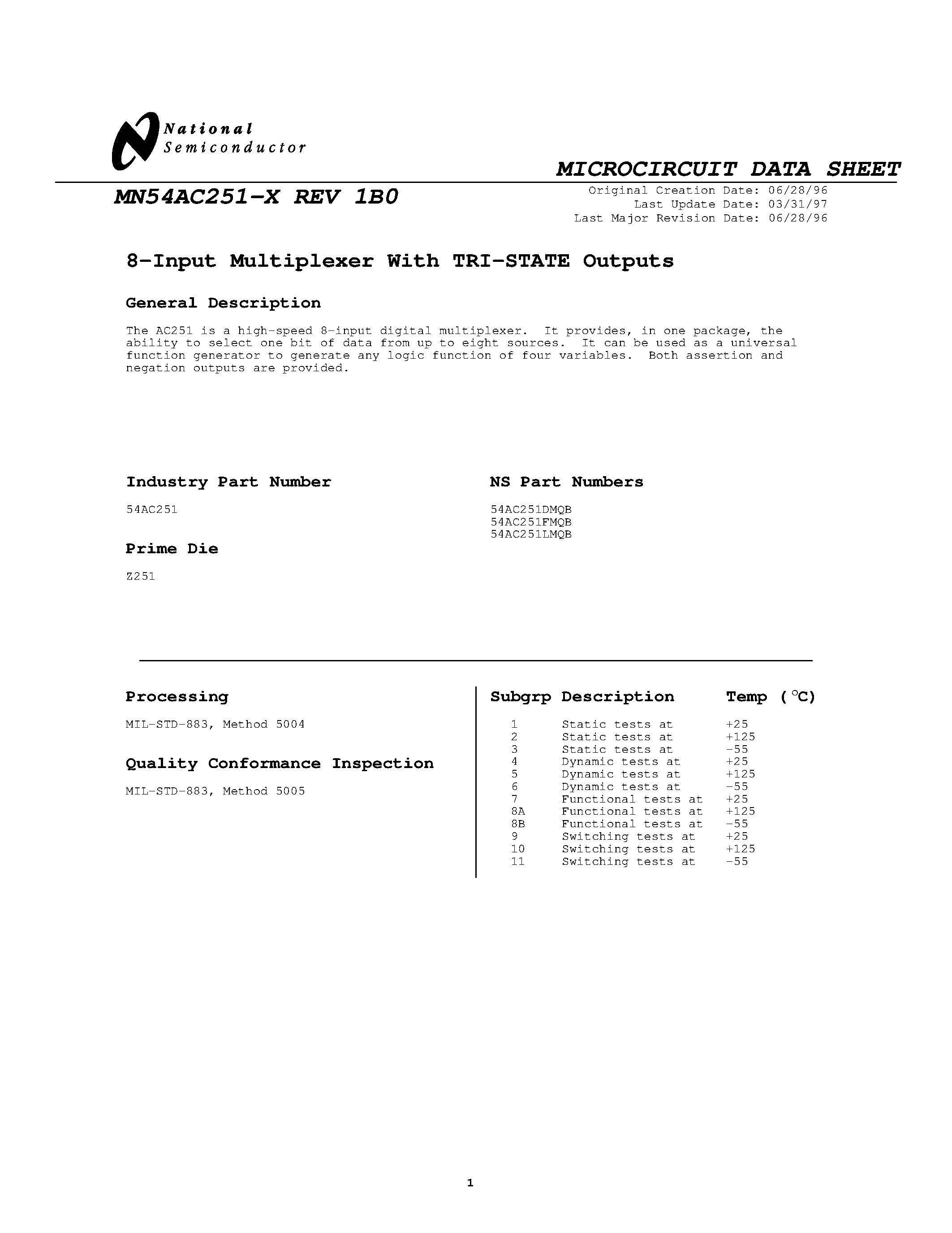 Datasheet MN54AC251-X page 1 Datasheet MN54AC251-X - 8-Input Multiplexer page 1