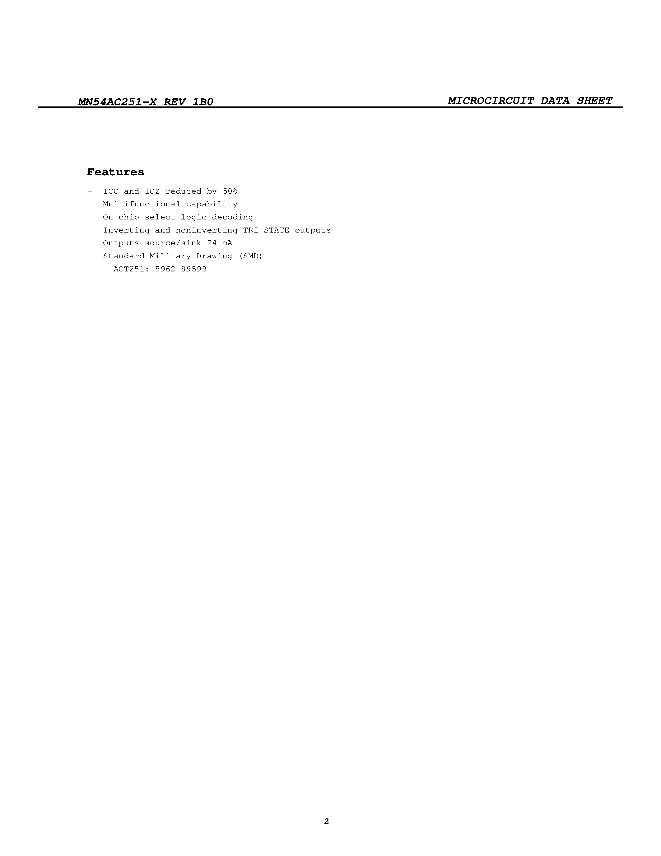 Datasheet MN54AC251-X page 2 Datasheet MN54AC251-X - 8-Input Multiplexer page 2
