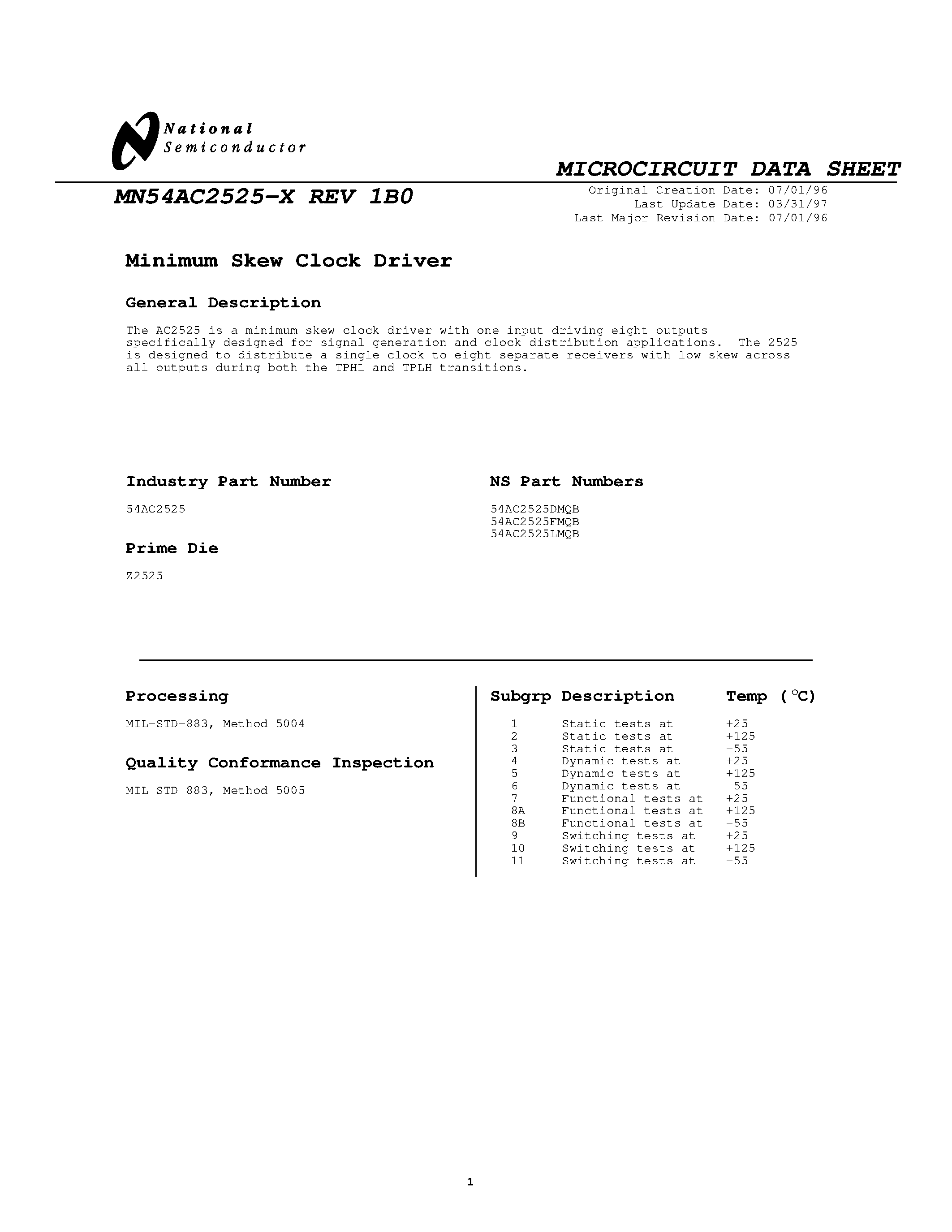 Datasheet MN54AC2525-X page 1 Datasheet MN54AC2525-X - REV 1B0 page 1
