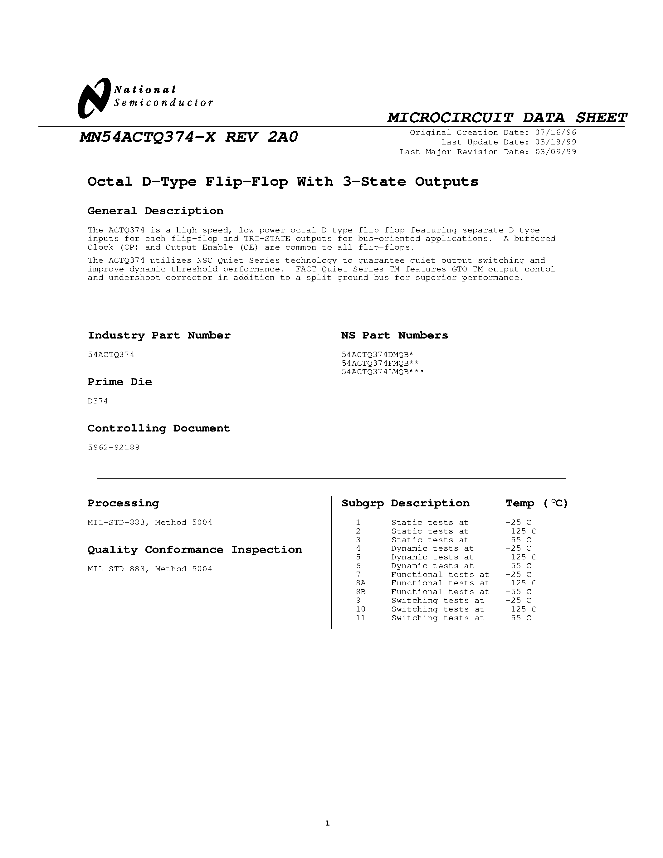 Даташит MN54ACTQ374-X - Octal D-Type Flip-Flop страница 1