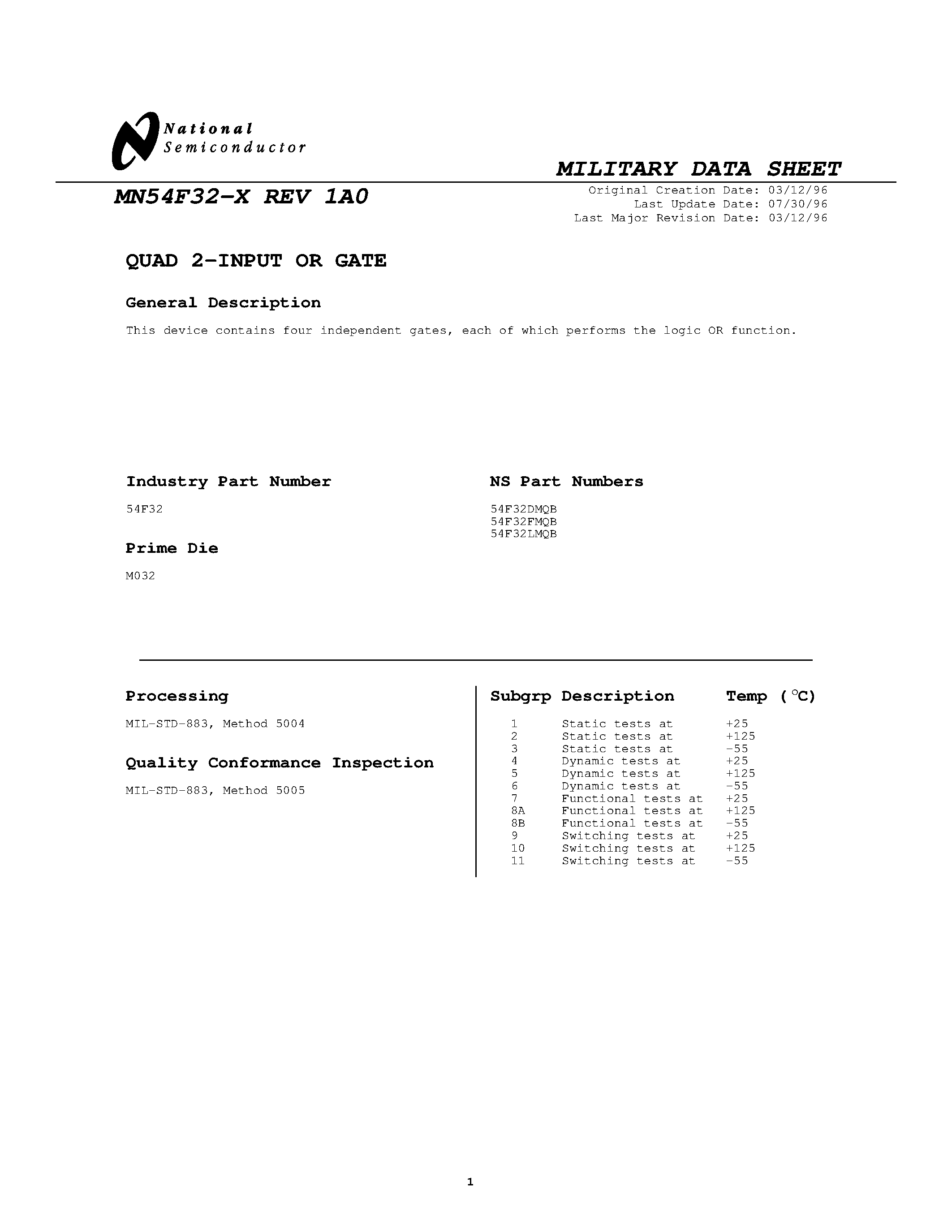 Datasheet MN54F32-X page 1 Datasheet MN54F32-X - QUAD 2-INPUT OR GATE page 1