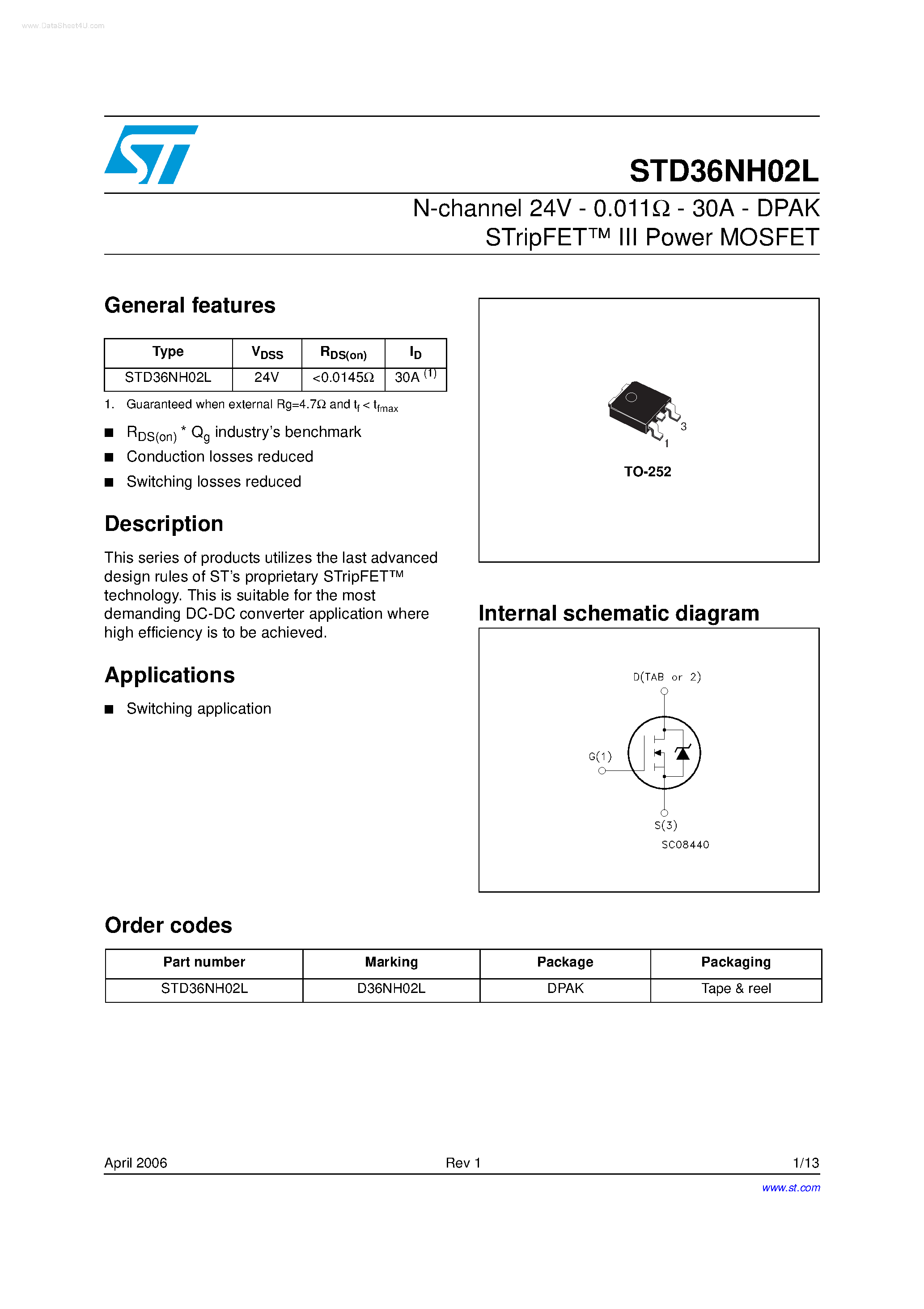 Datasheet STD36NH02L page 1 Datasheet STD36NH02L - N-channel Power MOSFET page 1