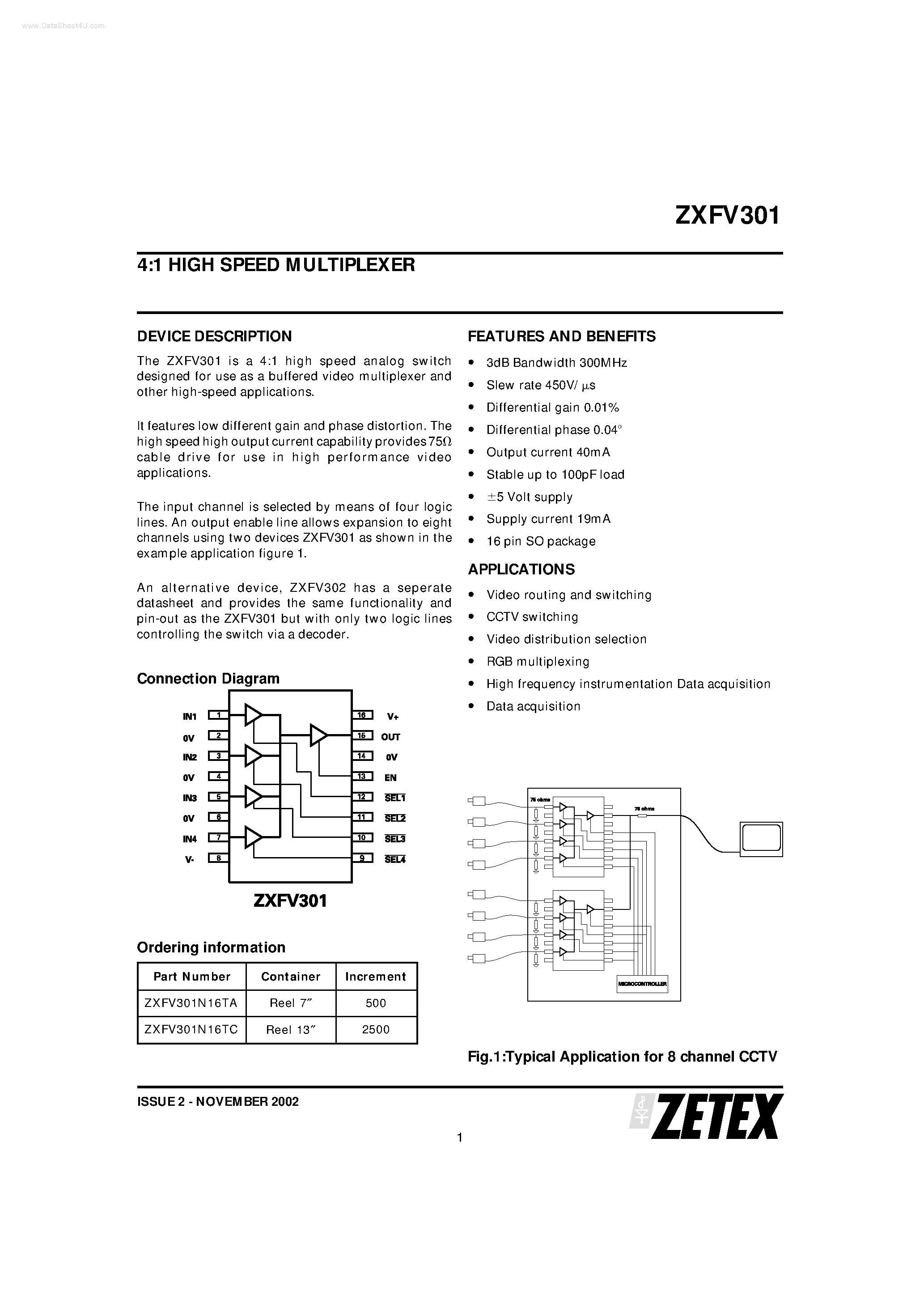 Datasheet ZXFV301 - 4:1 HIGH SPEED MULTIPLEXER page 1