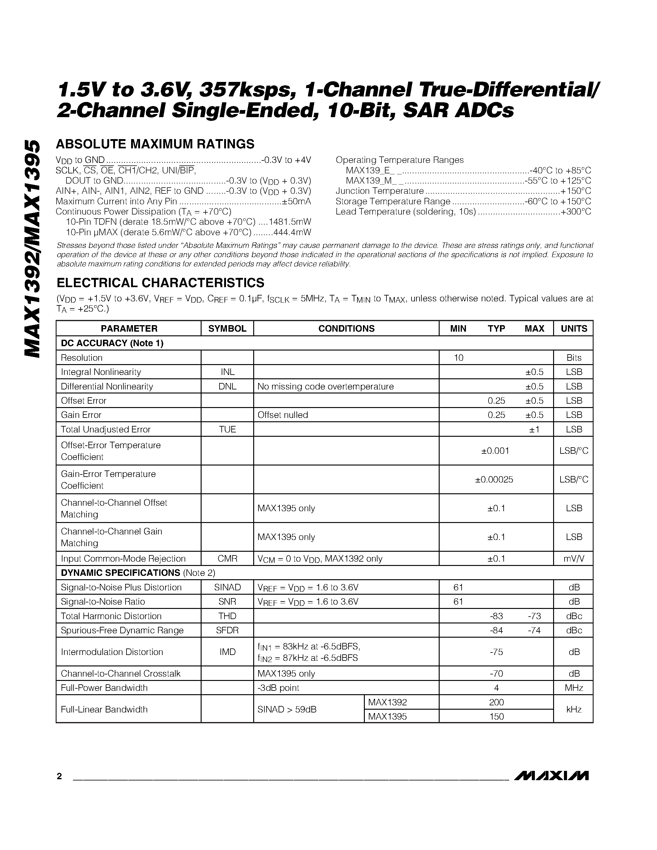 Даташит на микросхему MAX1392 страница 2 Даташит MAX1392 - (MAX1392 / MAX1395) 1-Channel True-Differential/ 2-Channel Single-Ended страница 2