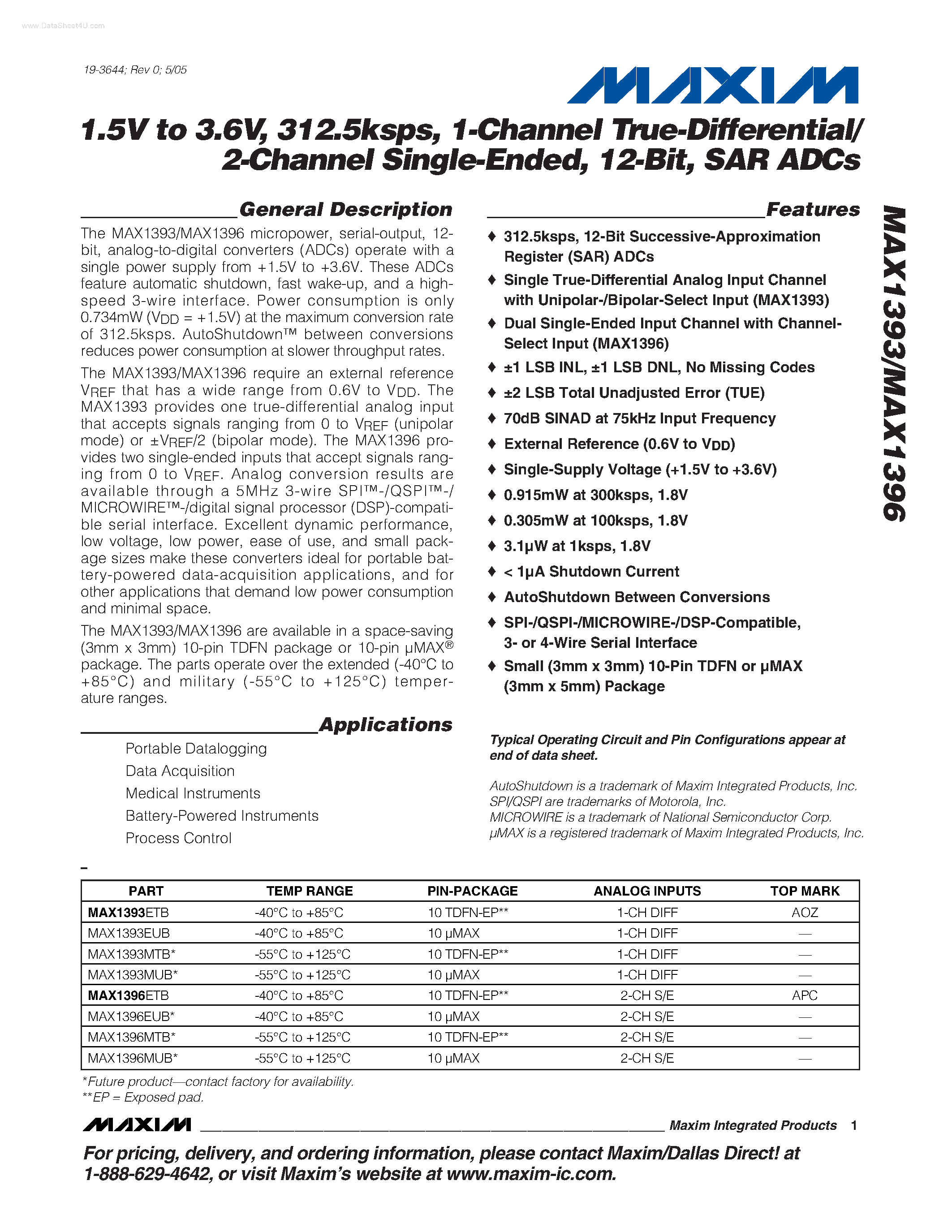 Datasheet MAX1393 - (MAX1393 / MAX1396) 1-Channel True-Differential/ 2-Channel Single-Ended page 1