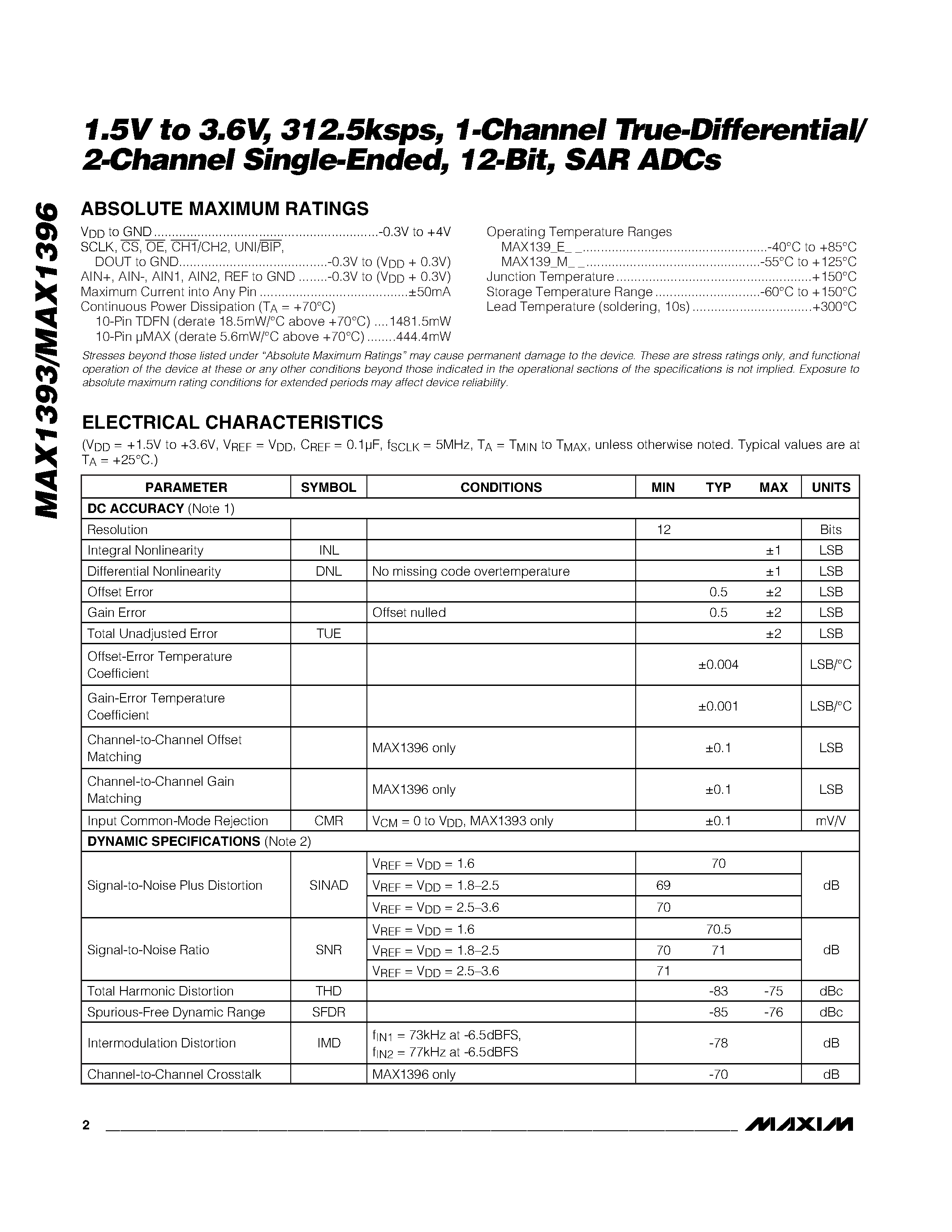 Datasheet MAX1393 - (MAX1393 / MAX1396) 1-Channel True-Differential/ 2-Channel Single-Ended page 2