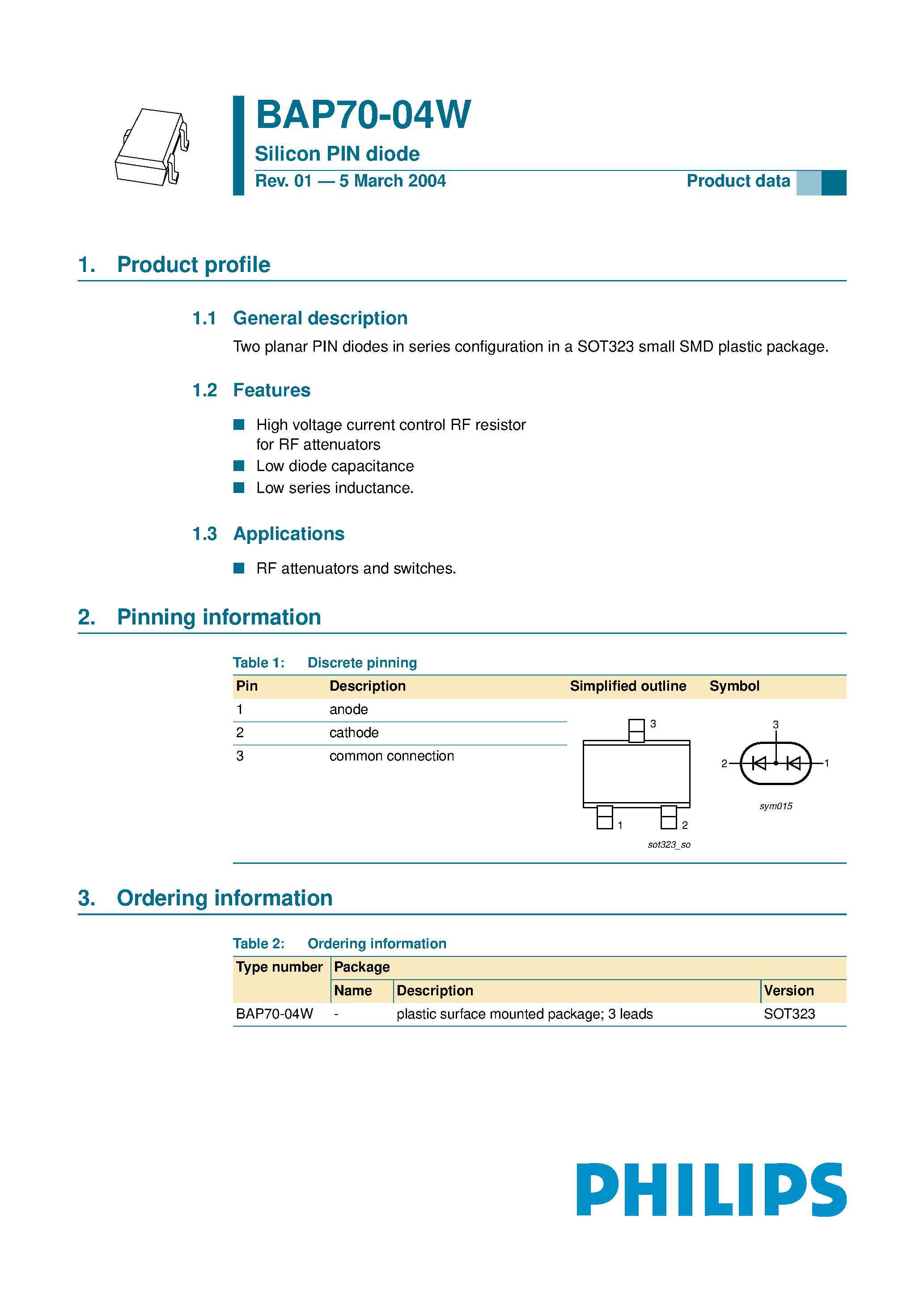 Datasheet BAP70-04W - Silicon PIN diode page 1